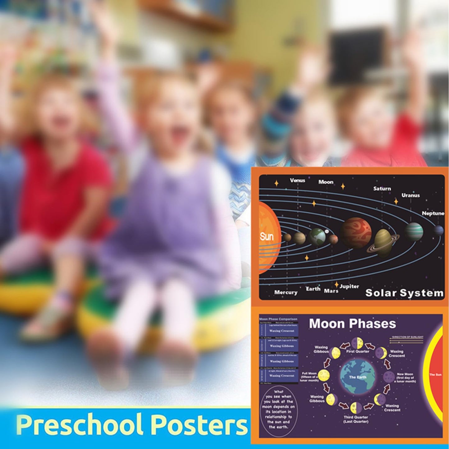 SANTSUN 2 Pcs of Solar System Poster&Moon Phases Chart|for Kids Back to School Supplies, Preschool, Kindergarten, Elementary|Educational Charts and Decor for Classroom-17”x24”