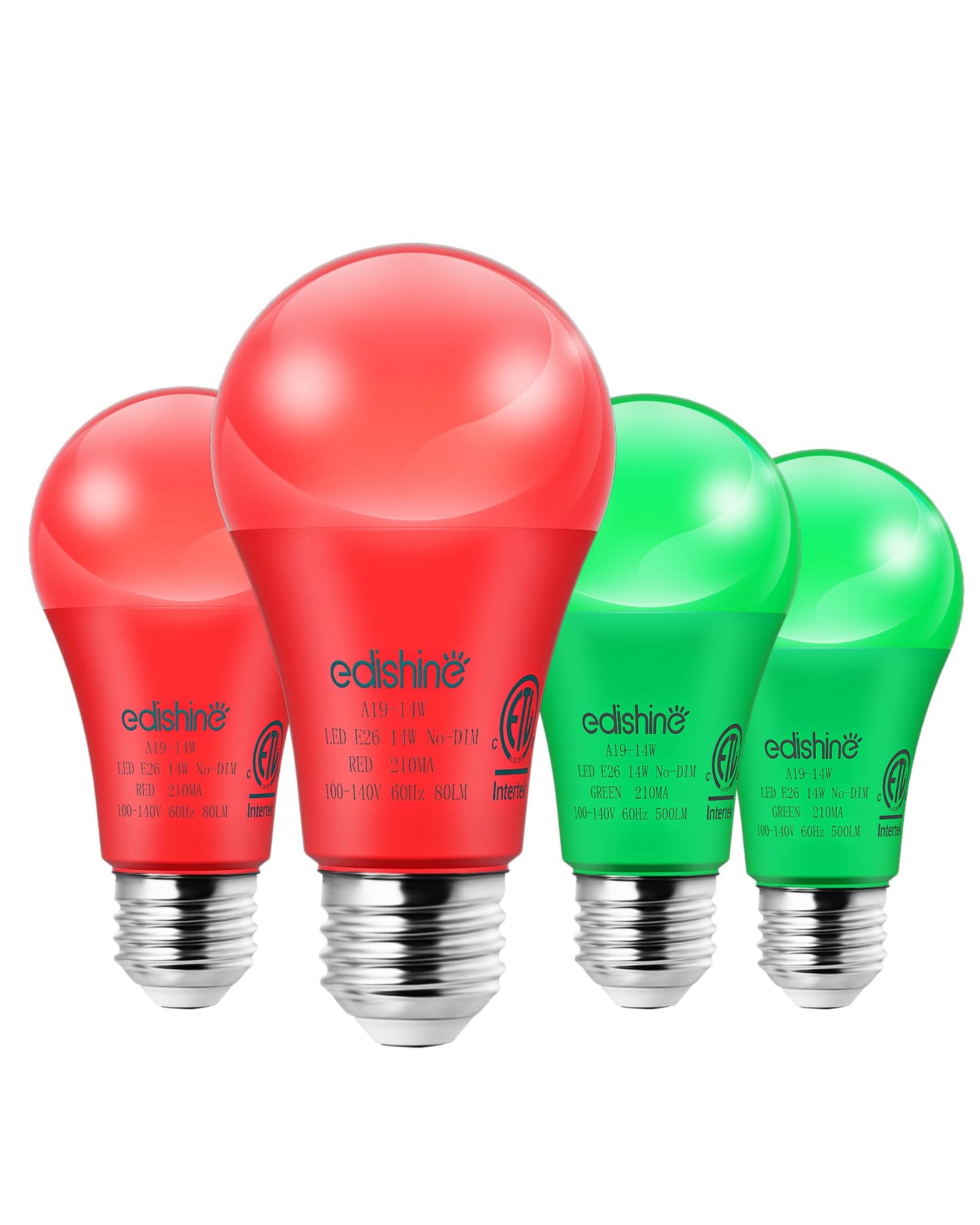 EDISHINE A19 LED Light Bulbs, Red & Green, E26 Base, 4 Pack for Christmas Decoration