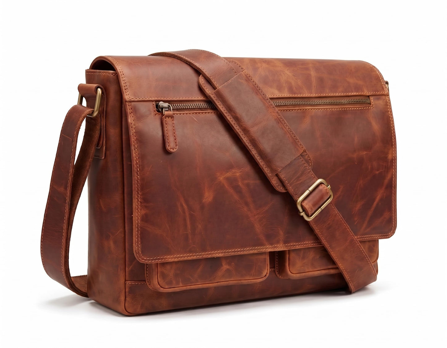 VALENCHI 15" Full Grain Leather Laptop Messenger Bag For Men & Women - Padded 15.3" Laptop Compartment, Ample Storage & Pockets, Premium Natural Leather (Cognac Vintage)