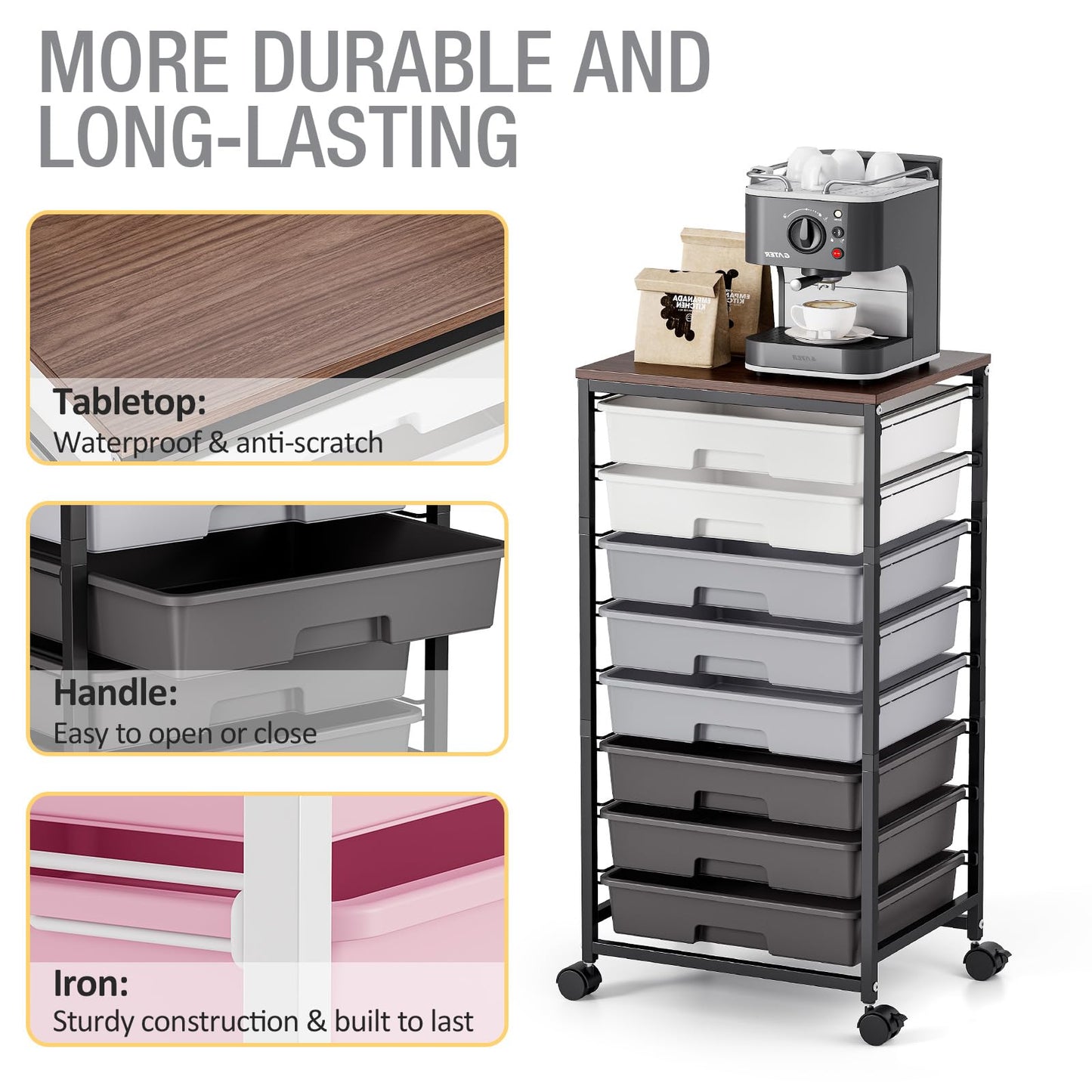 Rolling Storage Cart with 8 Drawers, Utility Cart on Wheels with Wooden Tabletop, Utility Cart for Teacher Storage, Office Organizer, Classroom Storage Cart, Craft Storage, Grey