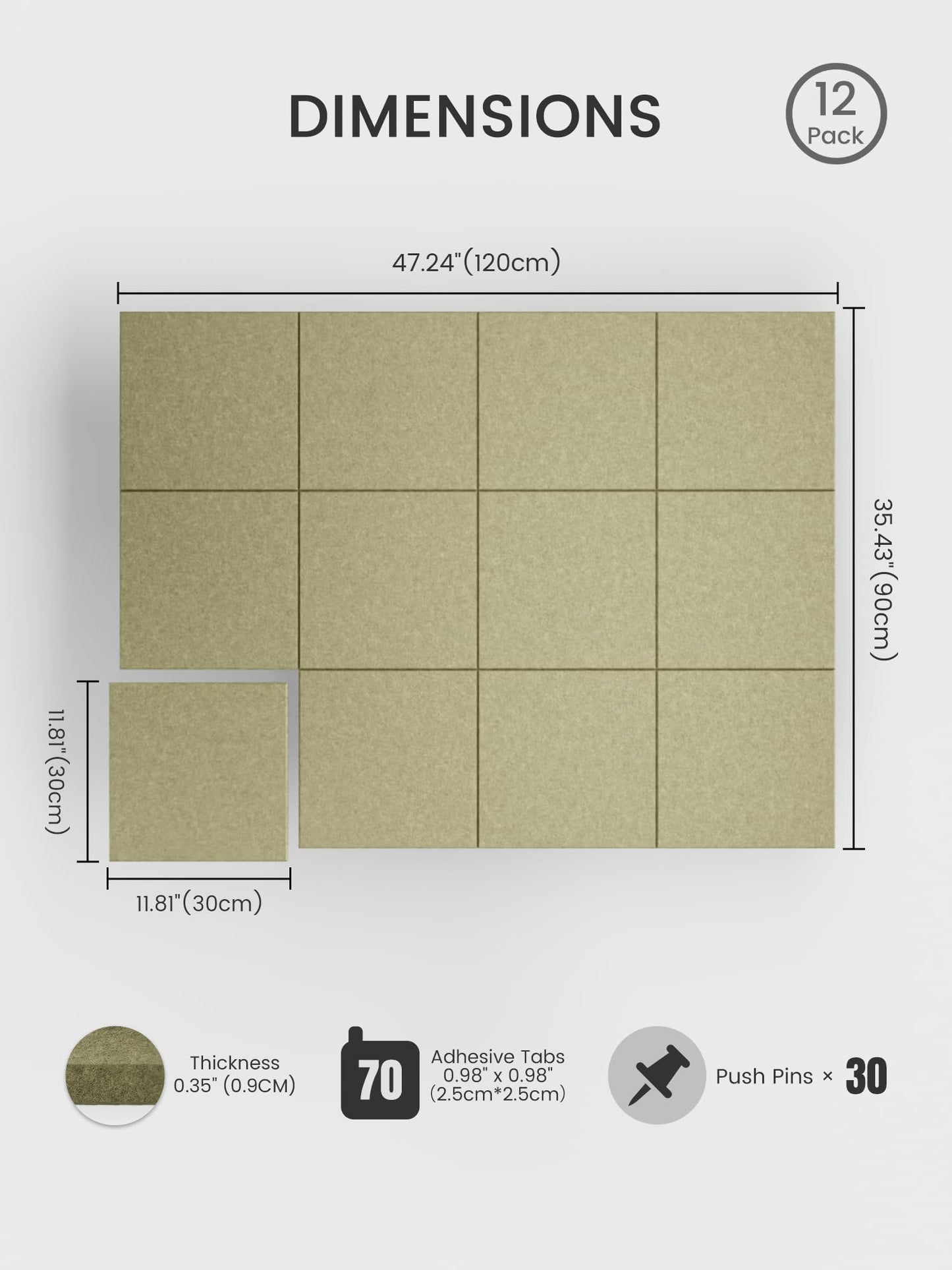 Bumusty Large Cork Board 48" x 36" Alternative - 12 Pack Felt Wall Tiles with 70 Safe Removable Adhesive Tabs, 30 Pushpins, Cork Boards for Walls Pin Board Bulletin Board Office Decor (Olive Green)