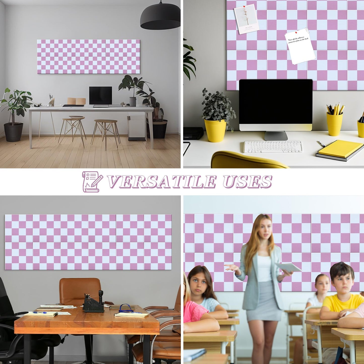 Geyoga 12 Pcs Felt Bulletin Board Tiles for Wall Classroom 12 x 12 Inch Checkered Classroom Wallpaper Backdrop Decor Racing Acoustic Wall Panels Self Adhesive for School Office Home(Pink)