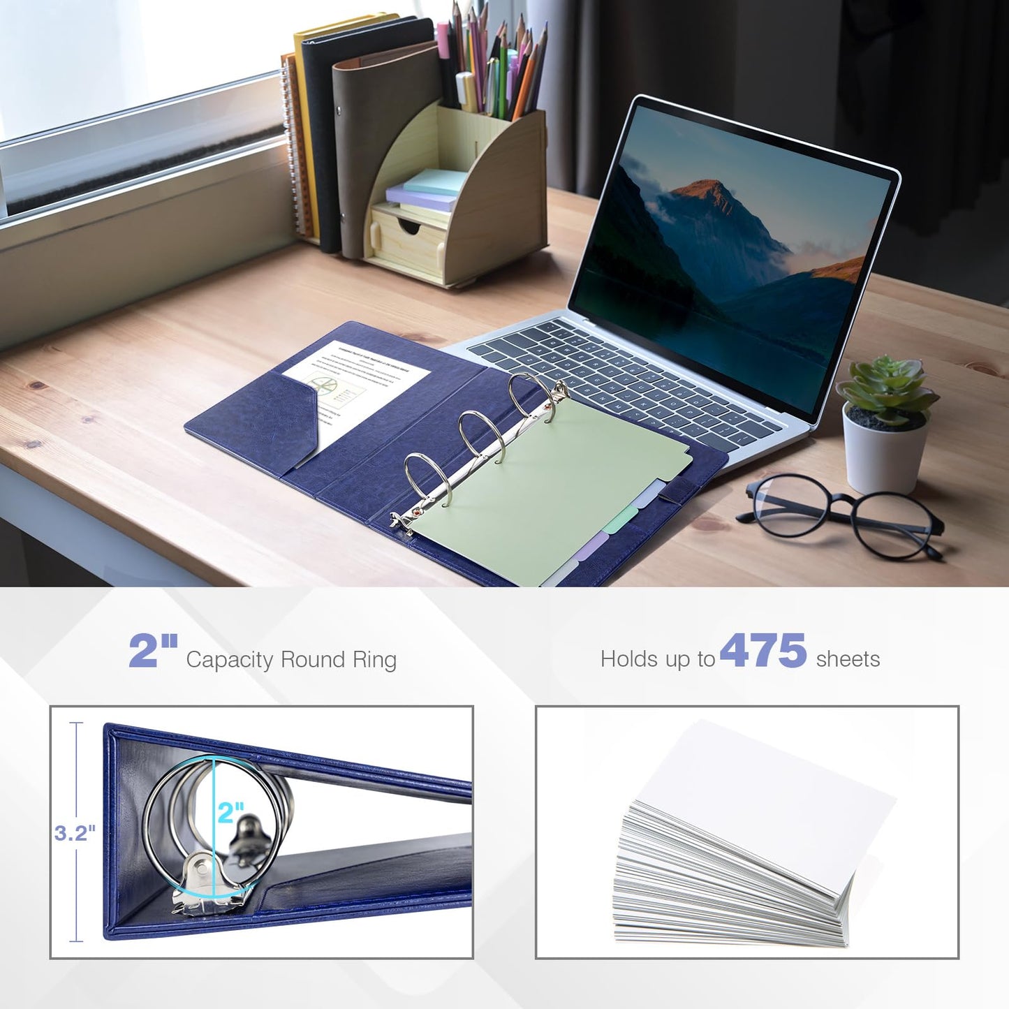 Ospelelf Leather Mini Binder Vintage Hardcover 2 Inch Rings, Professional Small 3 Ring Binders Organizer Suitable for 5.5" x 8.5" Documents, Binder Dividers with Tabs, Dark Blue