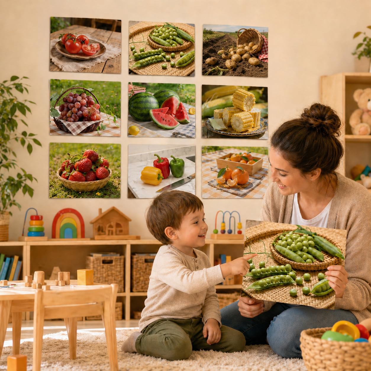 Quorivexa 15 Pcs Diversity Posters for Classroom Preschool Educational Learning Real Pictures for Daycare Home Multicultural Awareness(Fruit and Vegetable Posters Style)