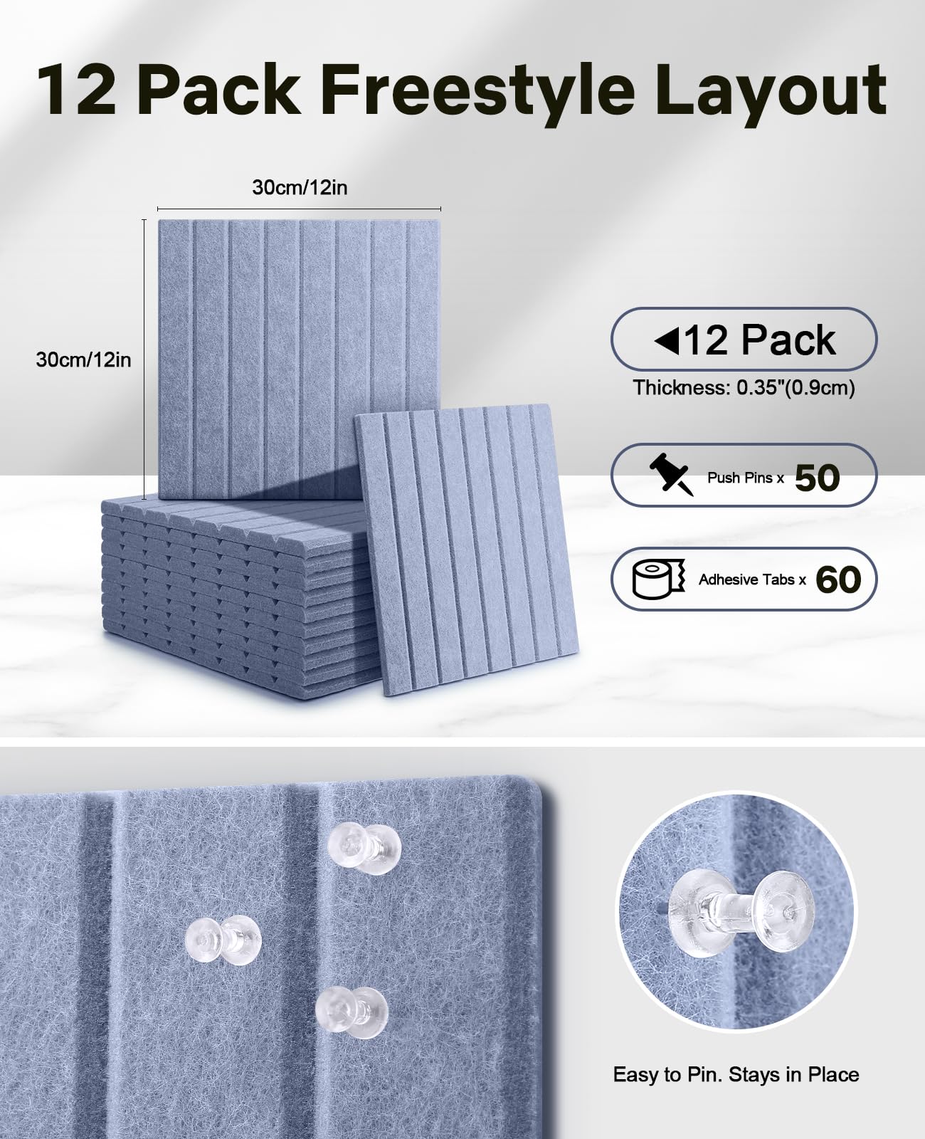 48" x 36" Large Cork Bulletin Board Tiles, Peel and Stick Felt Wall Panels for Vision, Message Center, Picture and Prayer Board for Office, Dorm, Room and Desk Decor(Soft Periwinkle)
