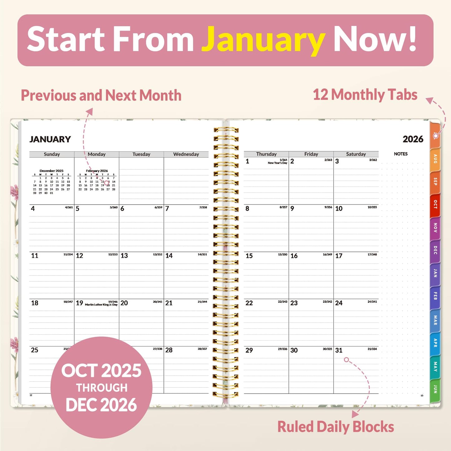 SUNEE 2026 Weekly and Monthly Planner - from January 2026 - December 2026, Daily Agenda Planner with Monthly Tab, Flexible Cover, Note Pages, Pockets, Bookmark, Spiral Binding, Wildflowers, 8.5"x11"