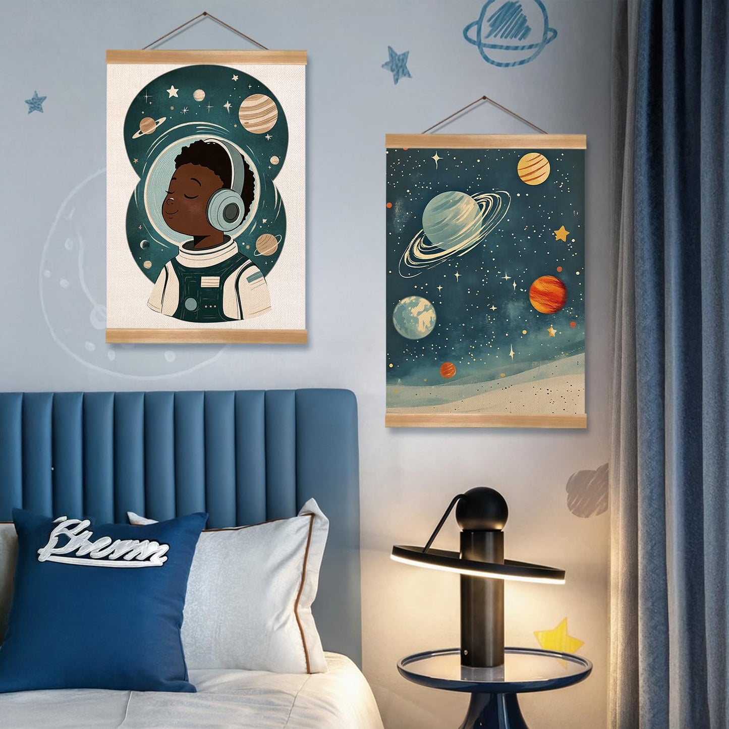 ZTGDA Solar System & Astronaut Wall Art Set of 2, Space Poster with Wood Hanger, Universe Theme Kids Room Decor for Boys and Girls, Classroom or Nursery Wall Display, 12x16 Inch(Space travel-01)