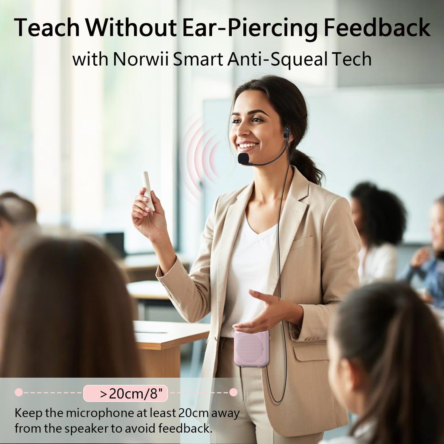 Norwii Bluetooth Voice Amplifier, Power Amplifiers, Portable Mini Wired Microphone Headset for Teacher Classroom & Outdoor Lectures, Teaching, Tour Guides, USB-C Rechargeable - 2000mAh, Pink