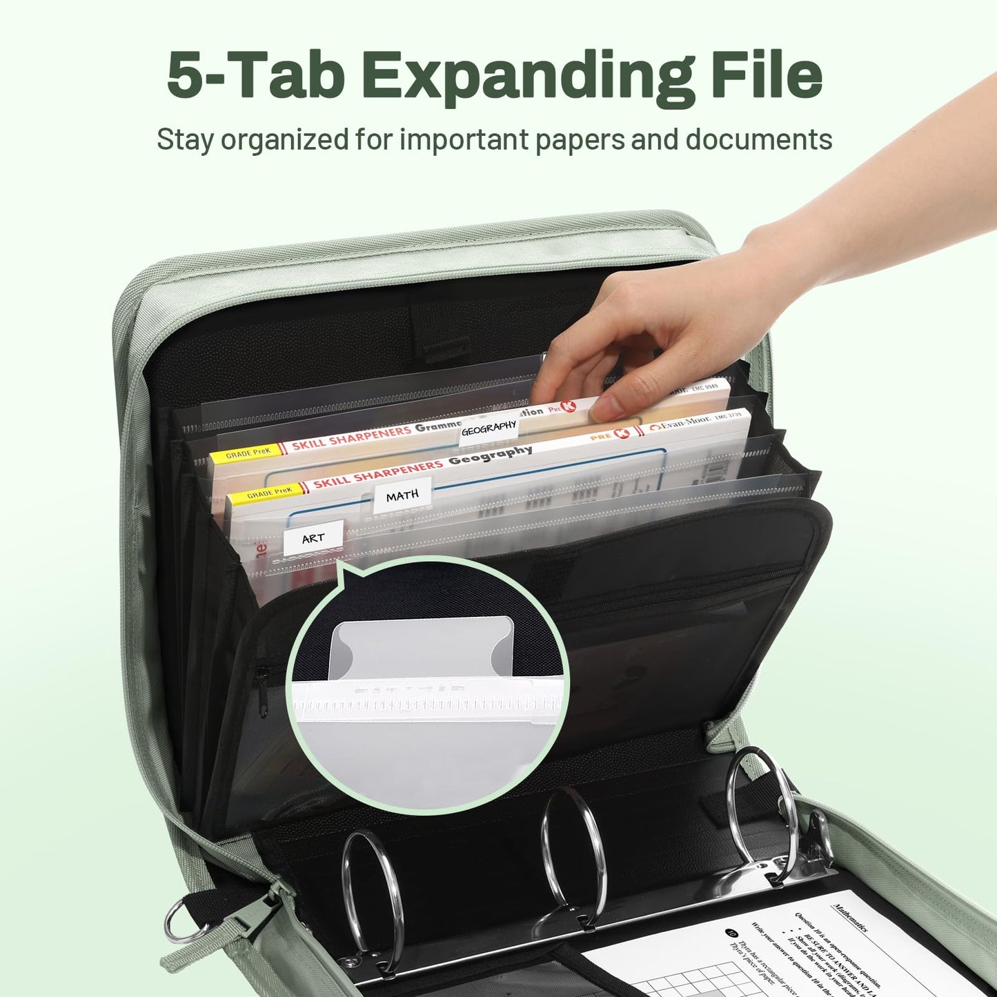 SUNEE Zipper Binder 3 Ring, 3 Inch O-Ring with Handle and Shoulder Strap, 600-Sheet Capacity, 5-Tab Expanding File Folder, Multi-Pockets for Middle School Organizer Binder with Zipper, Sage Green