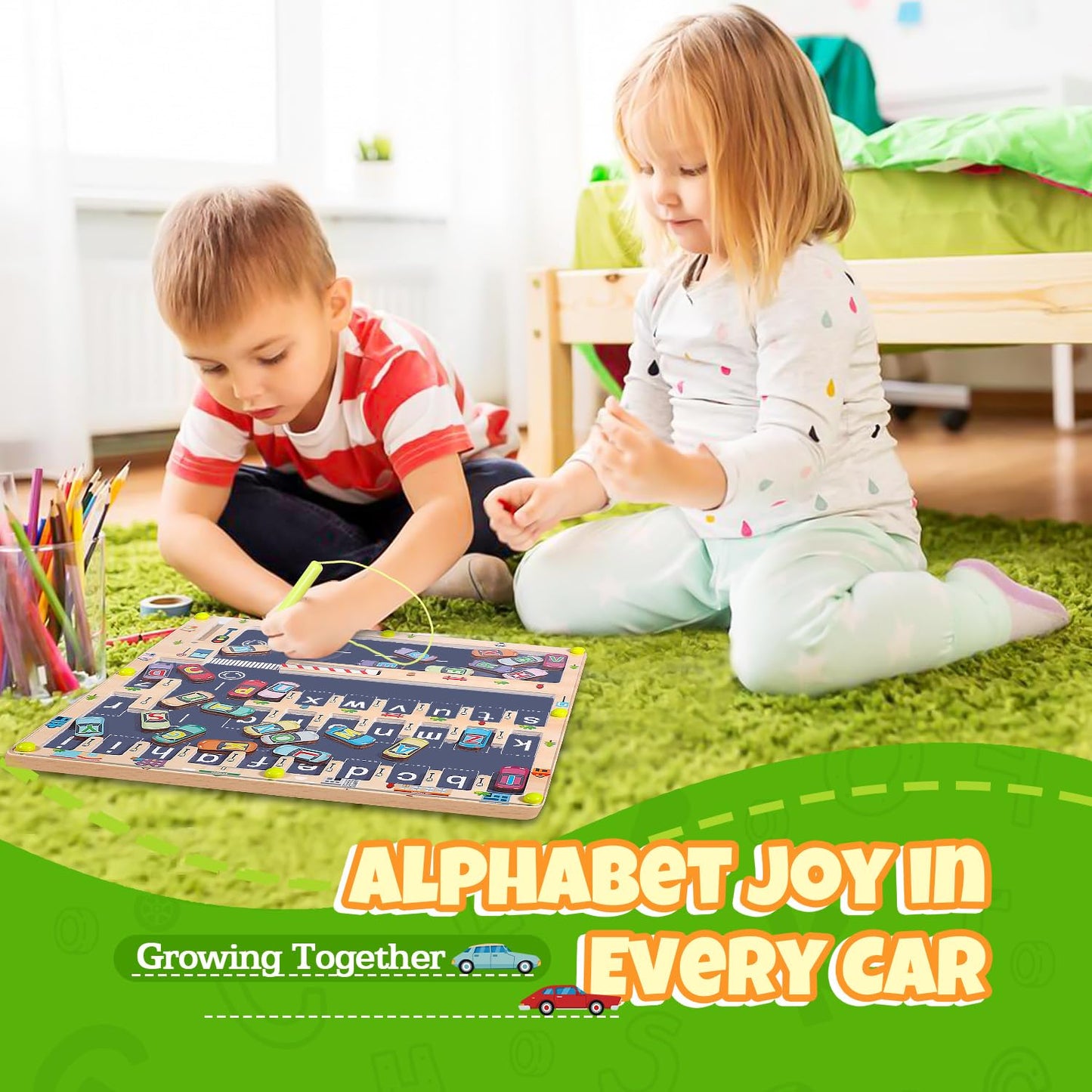 Magnetic Alphabet Maze Letter Puzzle Board, NOWRICH Montessori Toys for 2 3 4 5 Year Old Boy and Girl, Magnet Alphabet Learning Car Parking Maze Toys for Kids 3-5, Birthday Gifts for Toddler