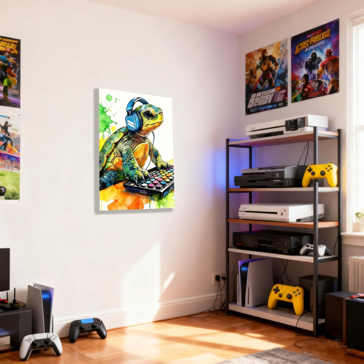 Graffiti DJ Sea Turtle Canvas Wall Art Modern Funny Print 16x24 inch Green Tortoise with Headphones Teen Boy Gaming Room Cool Framed Animal Decor Kids Bedroom Gift Decor Men Office Home Poster