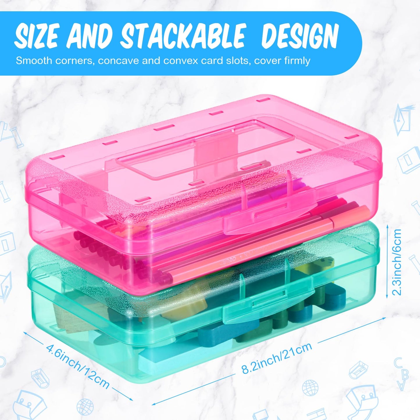 Fainne 24 Pack Pencil Boxes for School Clear Plastic Pencil Case Large Plastic Crayon Box Bulk Stackable Classroom Stationery Organizer School Supplies(Multicolor)