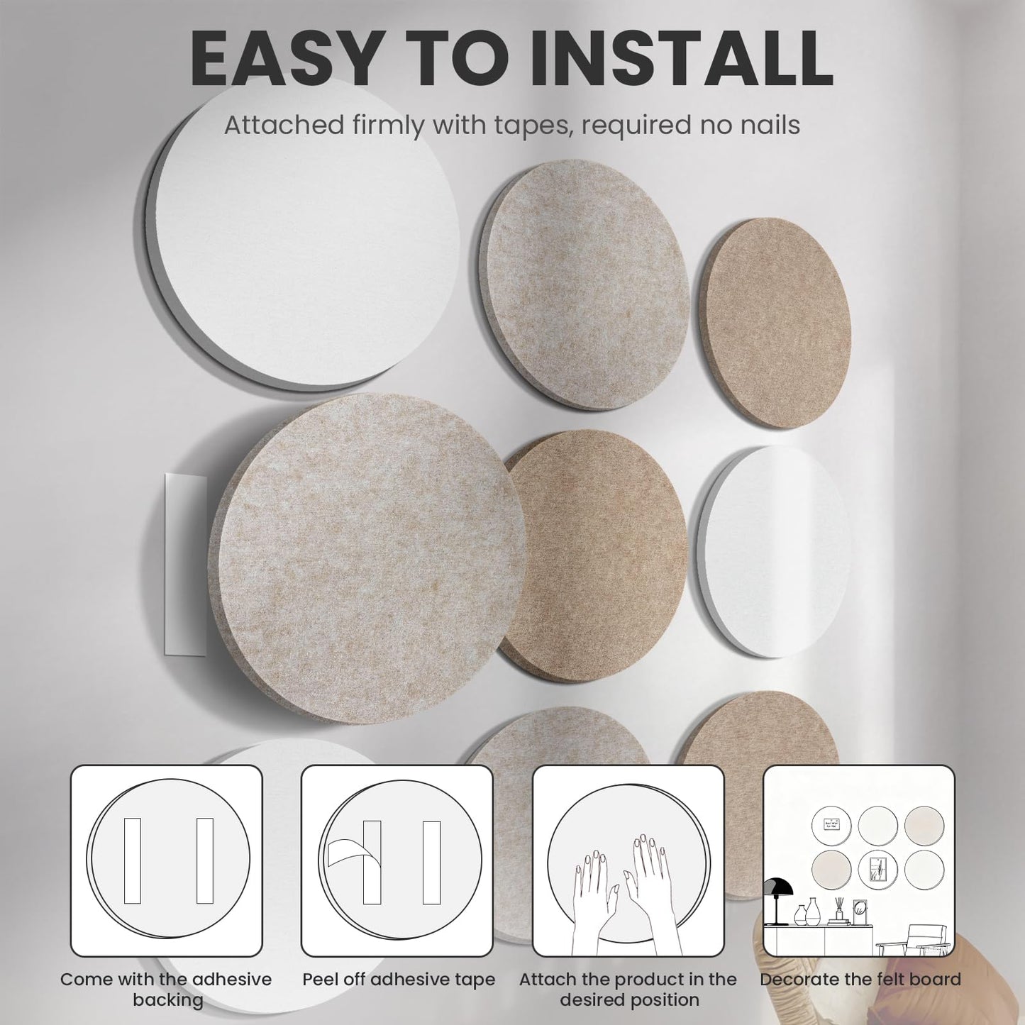 Bulletin Board, 11.8'' X 11.8'' Cork Board Alternative, 9 Pack Round Felt Board with Pushpins, Decorative Felt Notice Vision Board Photo Display Board for Office Home School Wall