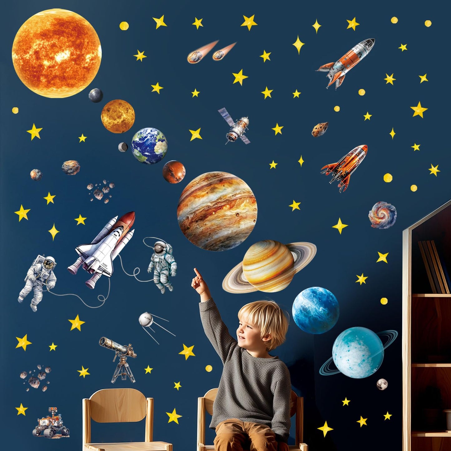 DECOWALL DS12-8077 Solar System Wall Stickers for Kids Room Décor Space Wall Decals for Bedroom Educational Removable Art Murals Decorations Living Ceiling Galaxy Planets Boys Stars