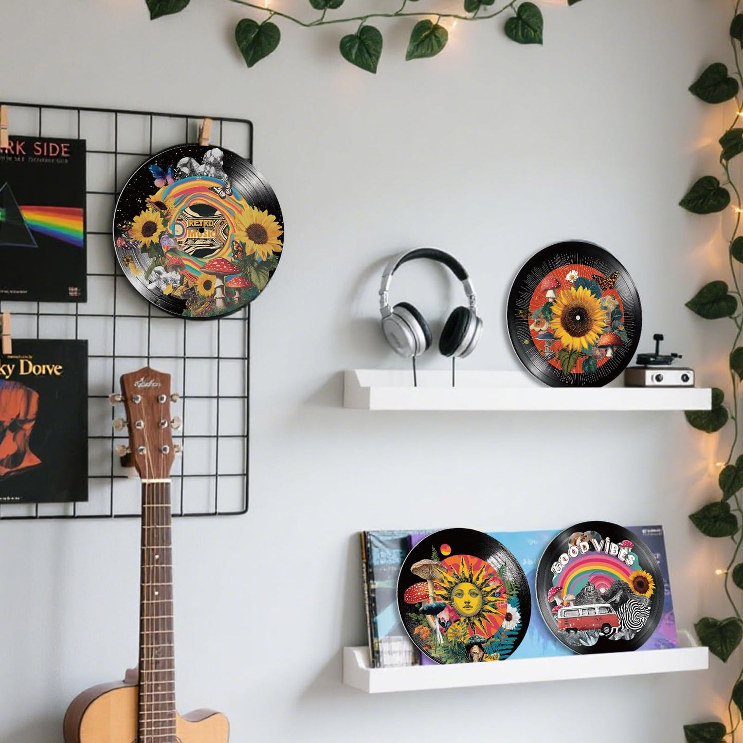 DOODLREAM 4PCS Collage Sunflower Vinyl Record Wall Decor 12" Hippy Mushroom Plant Wall Art Posters for Room Aesthetic, Sun Retro Record Decorations for Music Party Studio Living Room DIY Craft Project