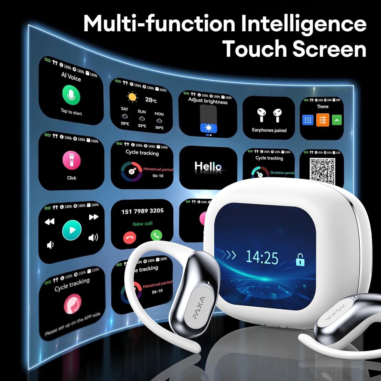 PAXA Ai Translator Earbuds 3-in-1 Two-Way Translation Earbuds Real Time Wireless Bluetooth 5.4 Headphones Translator with Touch Screen Housing for Foreign Travel/Learning/Business Openairultra,White