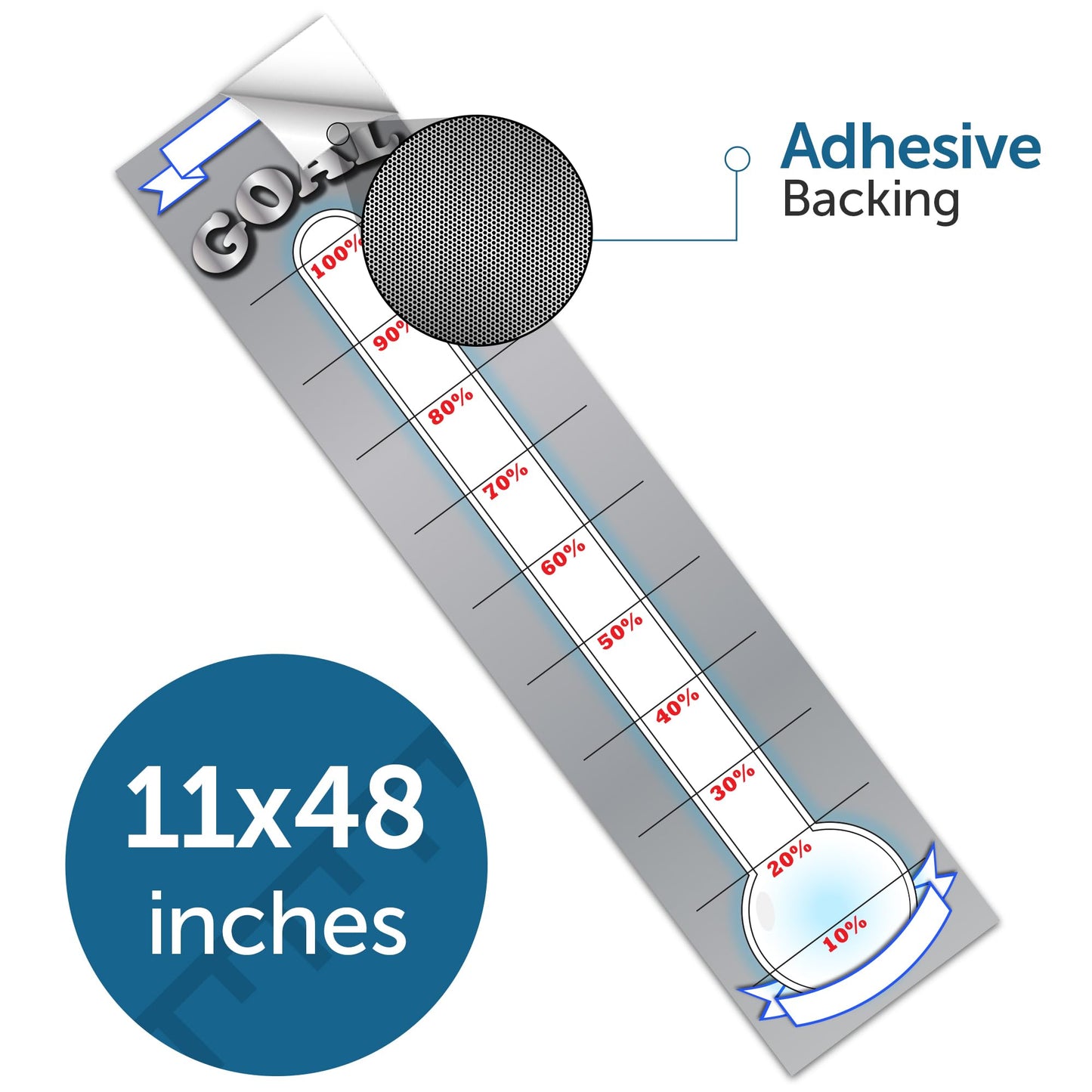 Fundraising Goal Thermometer Chart - 11" x 48", Reusable, Dry Erase Goal Tracker - Great for Schools, Churches, Offices & Charities