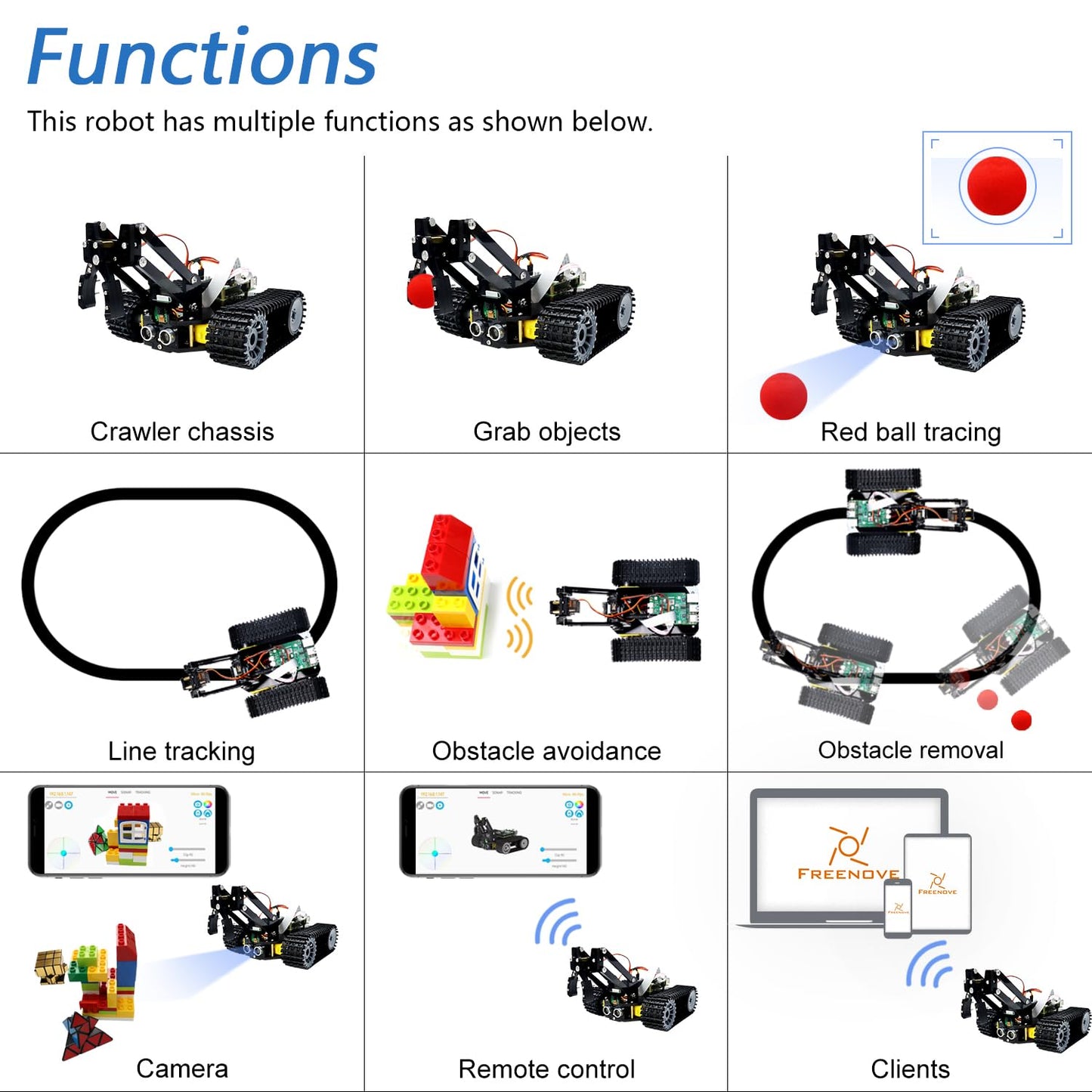 Freenove Tank Robot Kit for Raspberry Pi 5 4 B 3 B+ Zero 2 W, Crawler Chassis, Grab Objects, Ball Tracing, Line Tracking, Obstacle Avoidance, App Control, Camera, Servo (Raspberry Pi NOT Included)