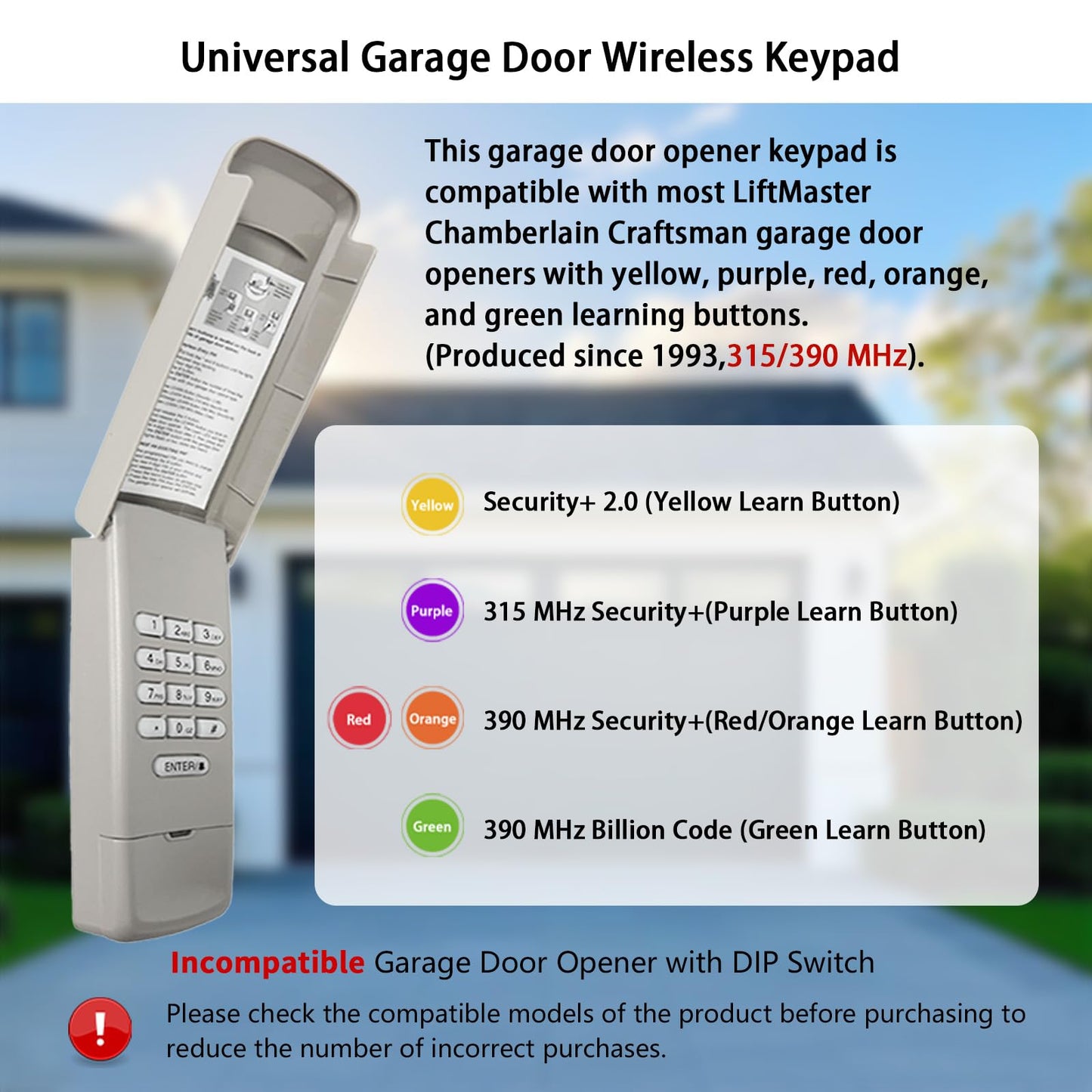 Garage Door Opener Keypad Compatible with Liftmaster Chamberlain Craftsman Garage Door Opener with 315/390 MHZ Learn Button Since 1993, Replace 877Max 878Max Garage Door Keypad Wireless Keyless Entry