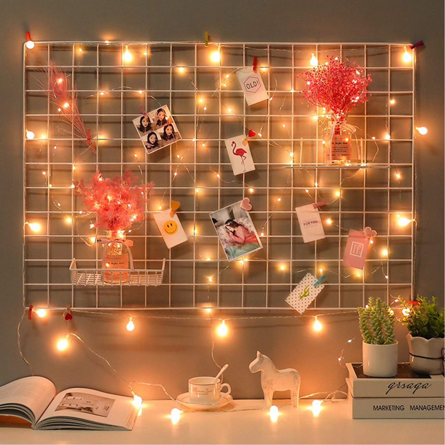 GBYAN 2 Pack Large Wall Grid Panels with Light and Clips, Photo Display Board, Picture Frame Collage Board, Wire Grid Wall Panel Room Decoration,White