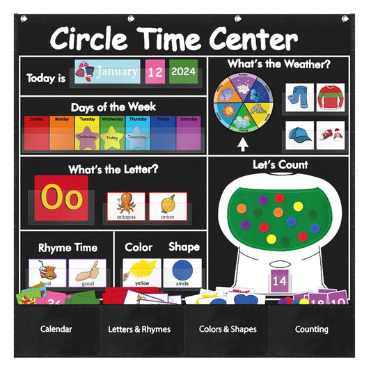 BOHEMIABY Circle Time Learning Center Classroom Pocket Chart Preschool, Educational Pocket Chart Teaching Materials, Learning Calendar Weather Counting Letter Color, Circle Time Learning Center Black