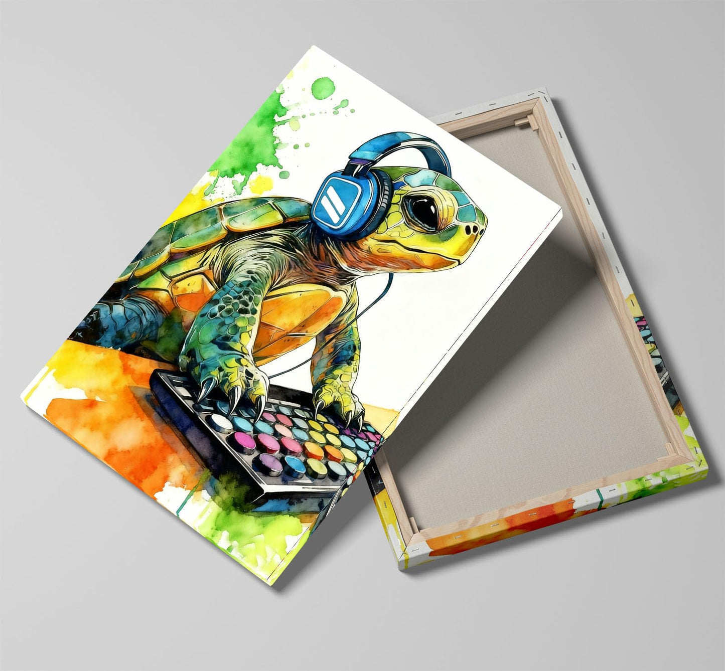 Graffiti DJ Sea Turtle Canvas Wall Art Modern Funny Print 16x24 inch Green Tortoise with Headphones Teen Boy Gaming Room Cool Framed Animal Decor Kids Bedroom Gift Decor Men Office Home Poster