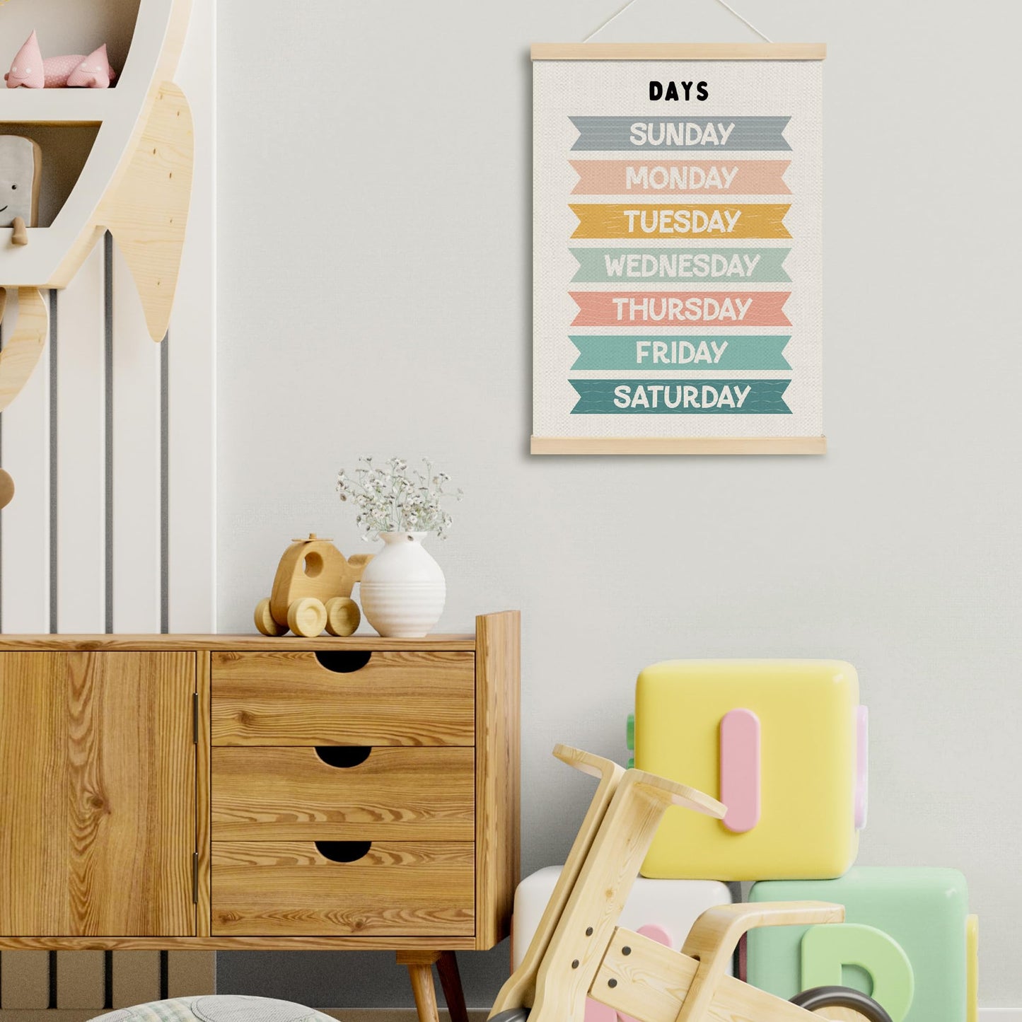 MOTERMATE Days of The Week Wall Art Poster for Kids, Boho Toddler Room Decor, Learning Educational Canvas Poster Hanger Frame for Toddlers Classroom, Kids Playroom Wall Hanging Banner Decor, 12x16Inch