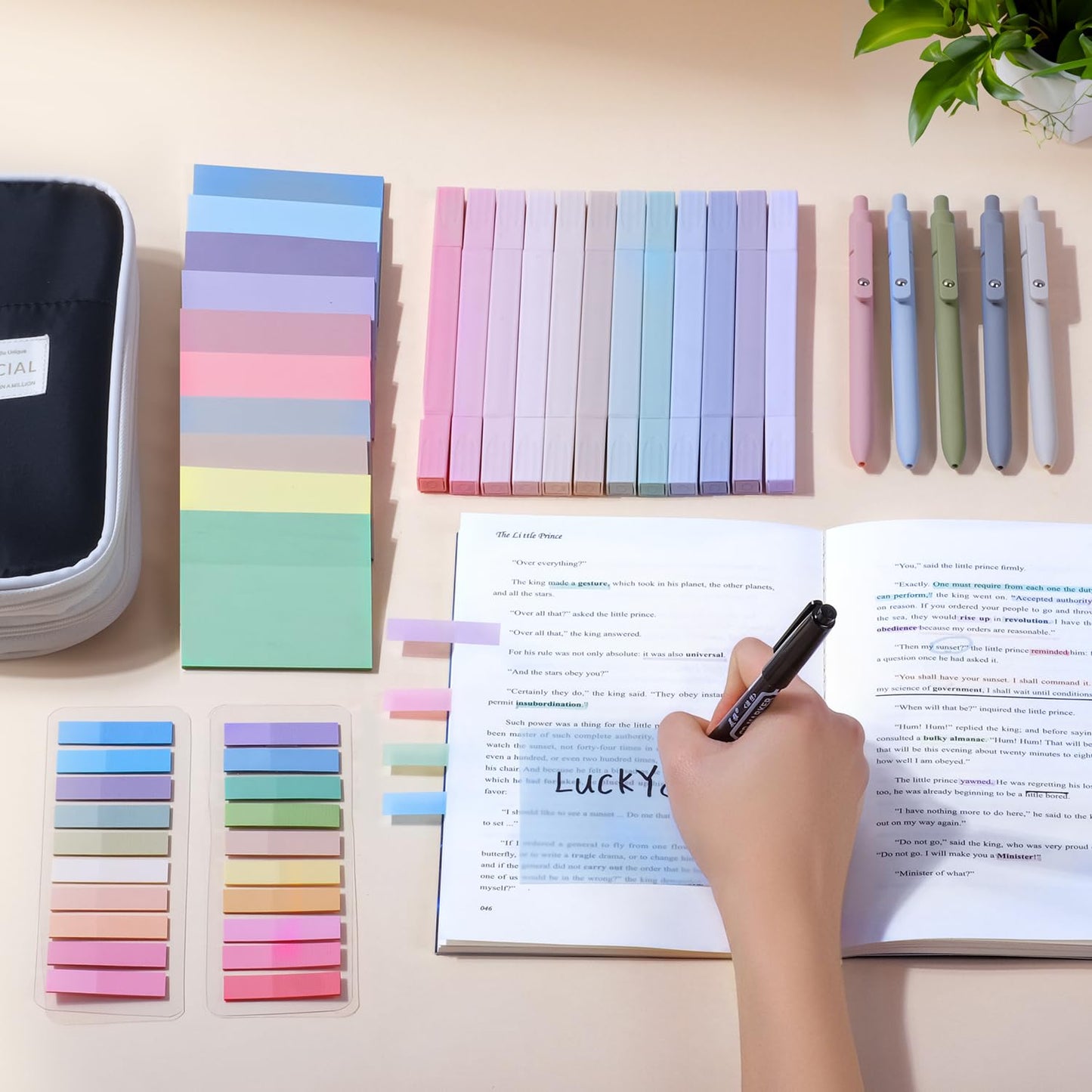 KOUDGY 49Pcs Book Annotation Kit - Aesthetic School Supplies with Cute Pen Case Highlighters Gel Pens and Marker, Sheets Transparent Index Tabs Sticky Notes Bible Study Supplies(Black)