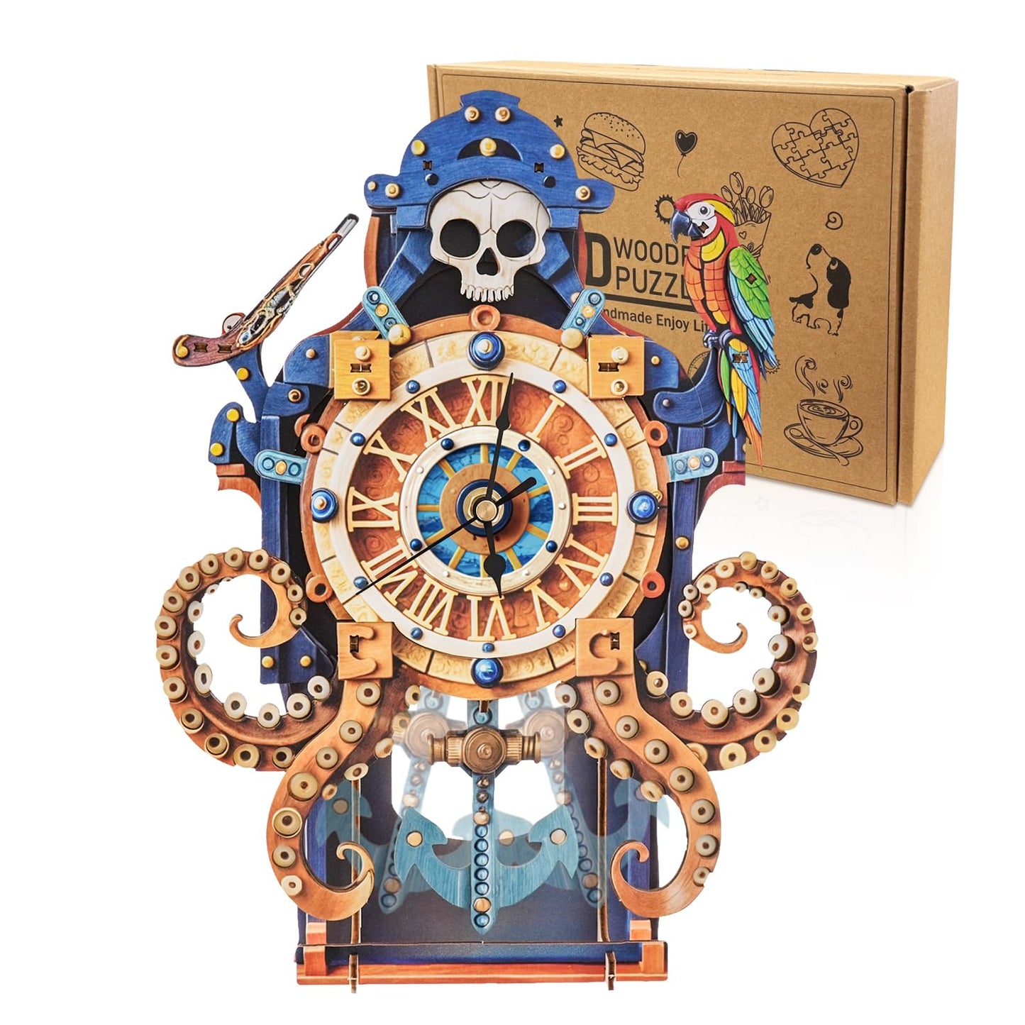 3D Puzzles for Adults Wooden Clock-Octopus Pirate Model Kit, Mechanical DIY Pendulum Clock with Roman Numerals-Home Wall Decor, Birthday Christmas Day Gift for DIY Lovers