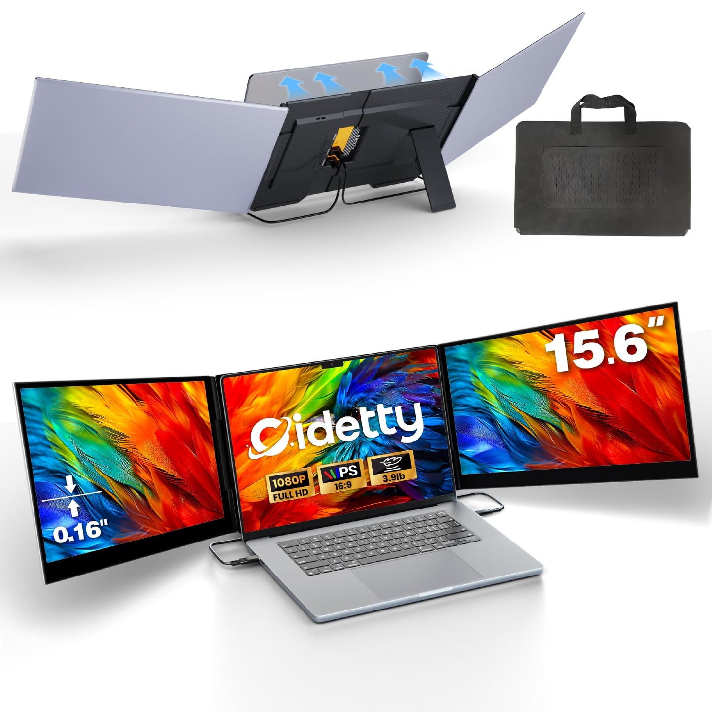 CIDETTY New Upgrad Laptop Screen Extender Monitor Portable, Ultra Light & Thin Triple Portable Monitor for Laptop 1080P FHD IPS Display for 13-17" Laptop, Plug & Play Compatiable with Win/Mac/Chrome