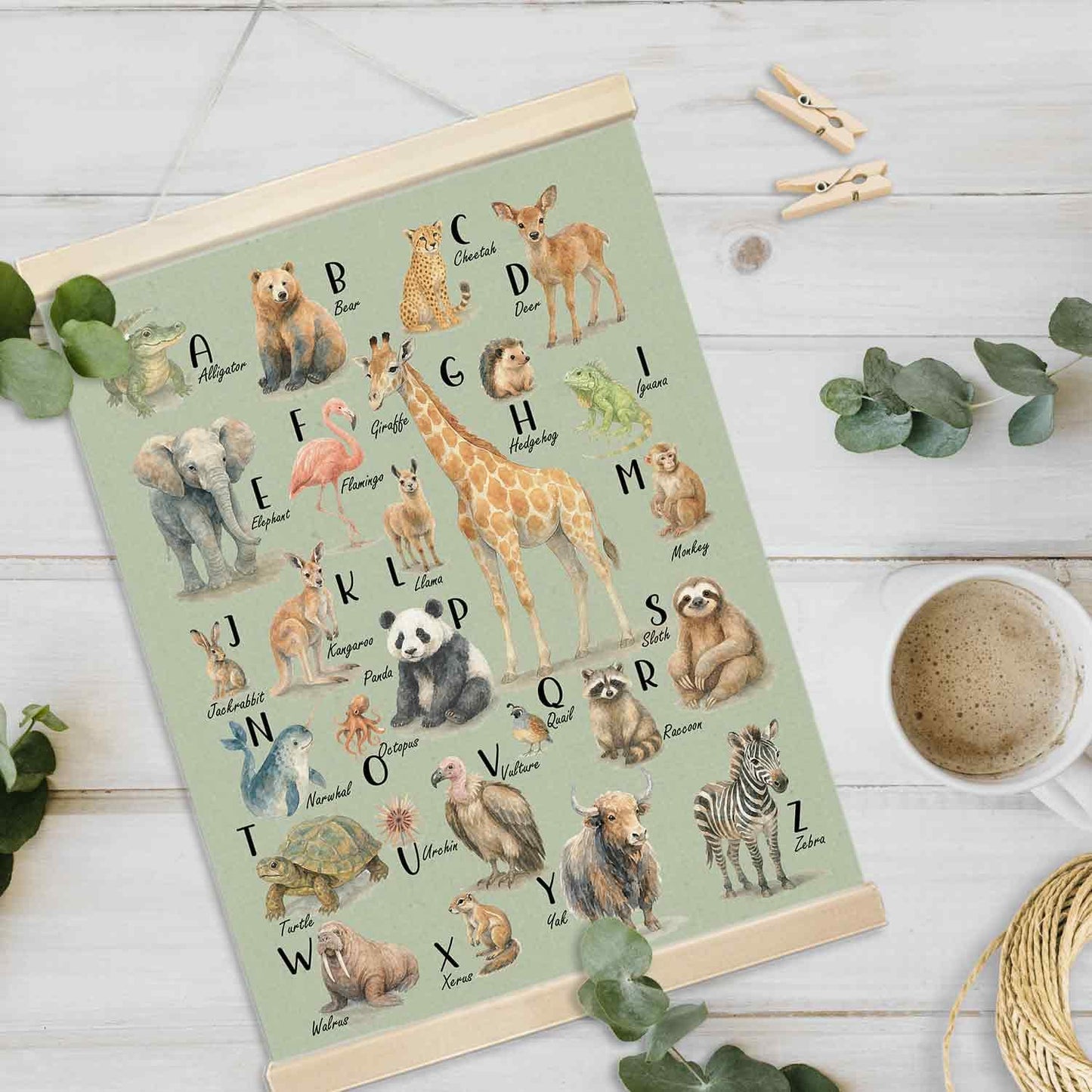 Xmsaitar Classroom Animals Zoo Alphabet Poster Hanger Frame Wall Decor, Green ABC Prints for Wall Hanging Decor Art, Nursery Educational Banner for Kids Toddler Room Dorm Playroom Preschool 12x16in