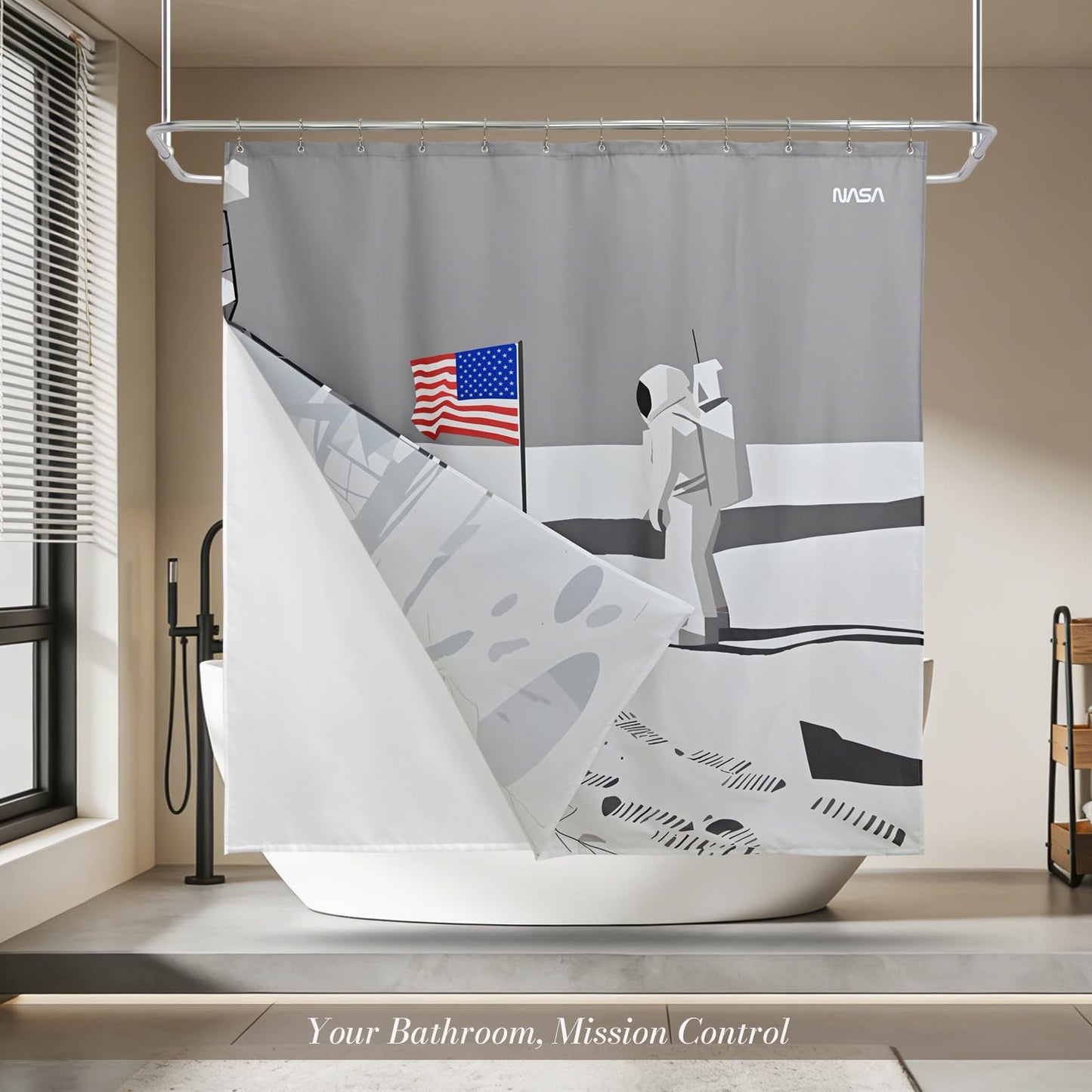 DRIFTED ROOT NASA Licensed Shower Curtain Set, Minimalist Moon Landing Astronaut Design, Space Poster Art, Oxford Cloth, Bathroom Hotel Decor (Silent Tranquility-Gray/White, 72" W x 72" L (Pack of 1))