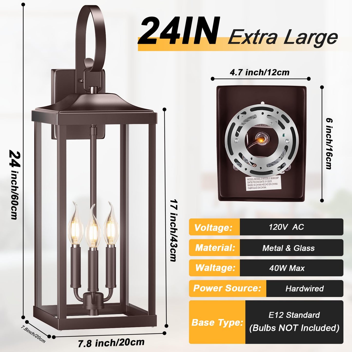 Yolsunes 3-Light Outdoor Wall Light Fixture, Waterproof Metal Sconce, 24in Extra Large, Oil Rubbed Bronze, 2-Packs