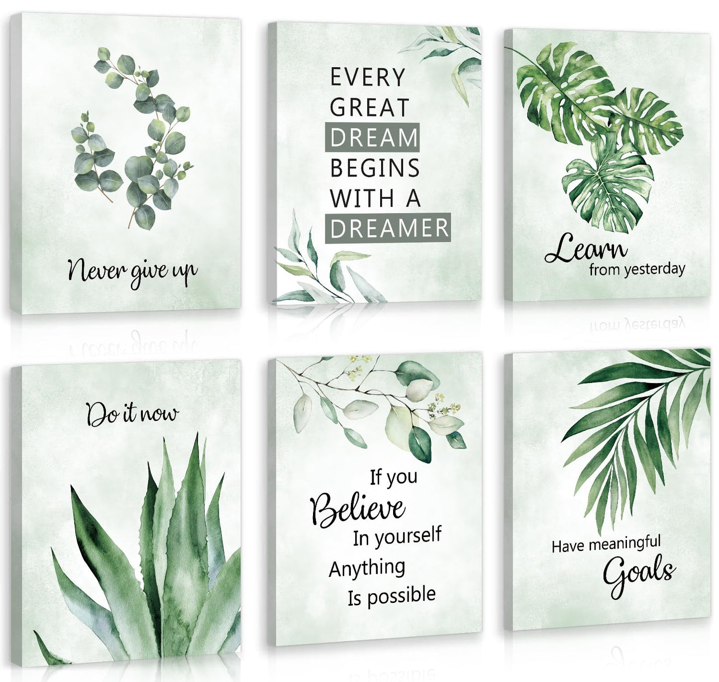 CHDITB Inspirational Plant Art Office Decor, Positive Affirmations Wall Decor, Botanical Canvas Motivational Framed Wall Art,Set Of 6(8x10 Inch) Eucalyptus Leaves Sage Poster For Classroom Home Decor