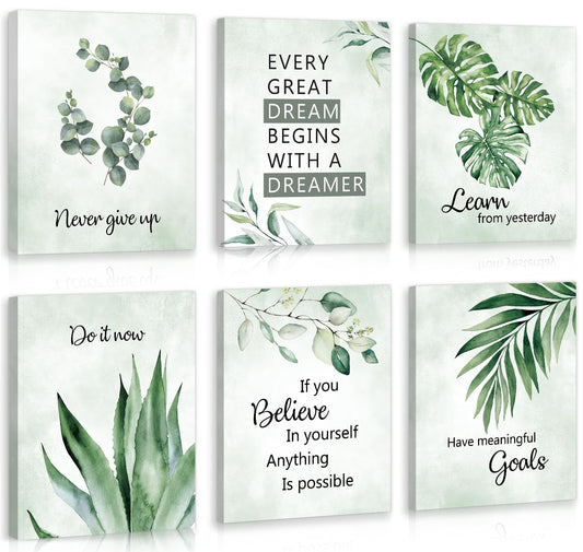 CHDITB Inspirational Plant Art Office Decor, Positive Affirmations Wall Decor, Botanical Canvas Motivational Framed Wall Art,Set Of 6(8x10 Inch) Eucalyptus Leaves Sage Poster For Classroom Home Decor