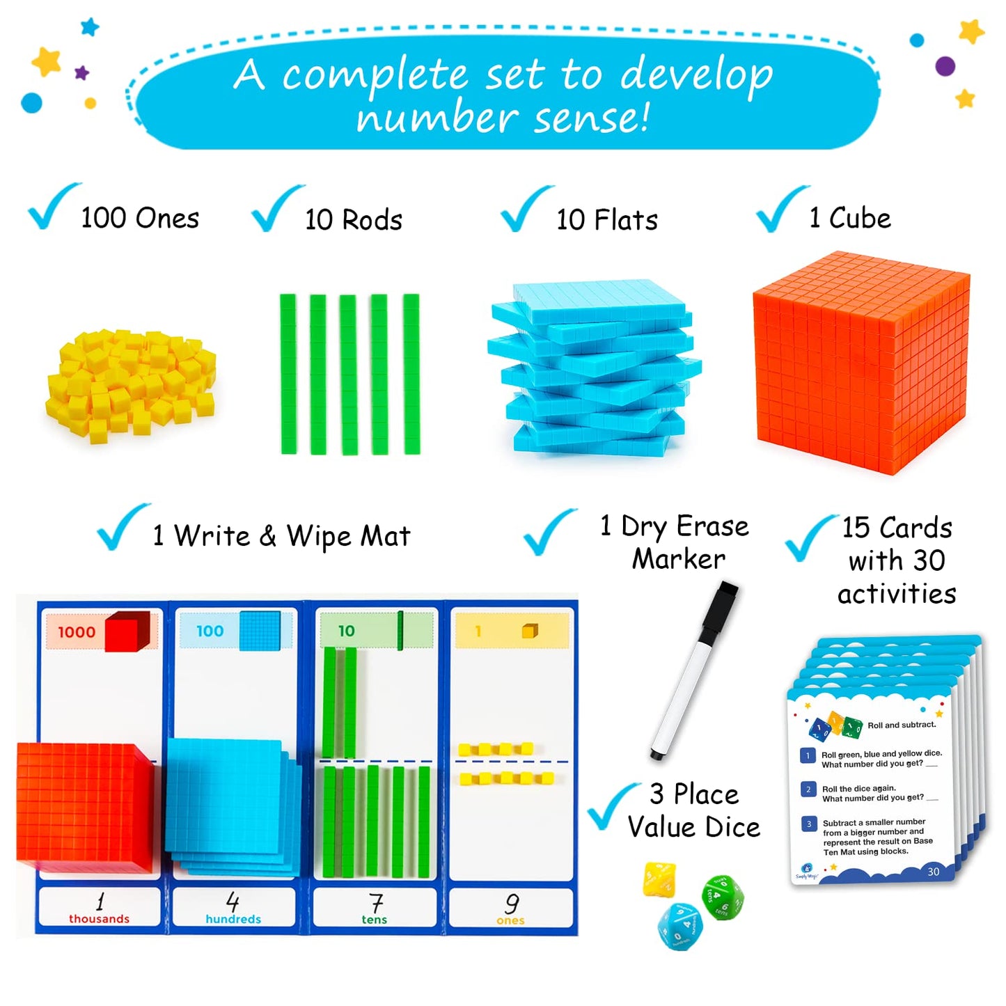 Simply magic 141 PCS Base Ten Blocks & 70 PCS Magnetic Regrouping Activities Kit for Math