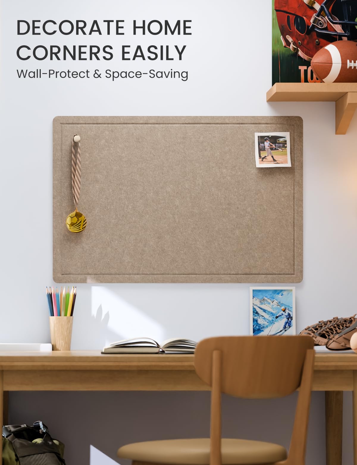 Fluxynara Bulletin Board,35.4" x 23.6" Cork Board Alternative with 12 Safe Removable Adhesive Tabs, Foldable Felt Pin Board for Home Office, Classroom, Bedroom,Entryway for Walls—Taupe
