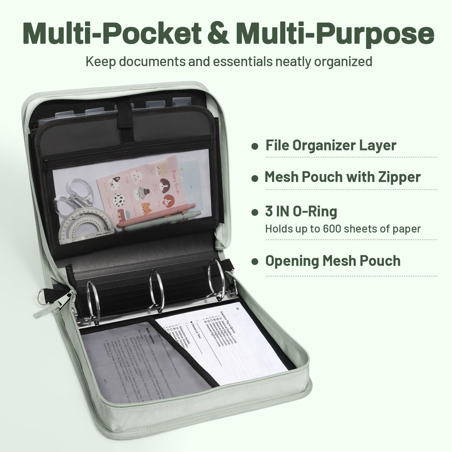 SUNEE Zipper Binder 3 Ring, 3 Inch O-Ring with Handle and Shoulder Strap, 600-Sheet Capacity, 5-Tab Expanding File Folder, Multi-Pockets for Middle School Organizer Binder with Zipper, Sage Green