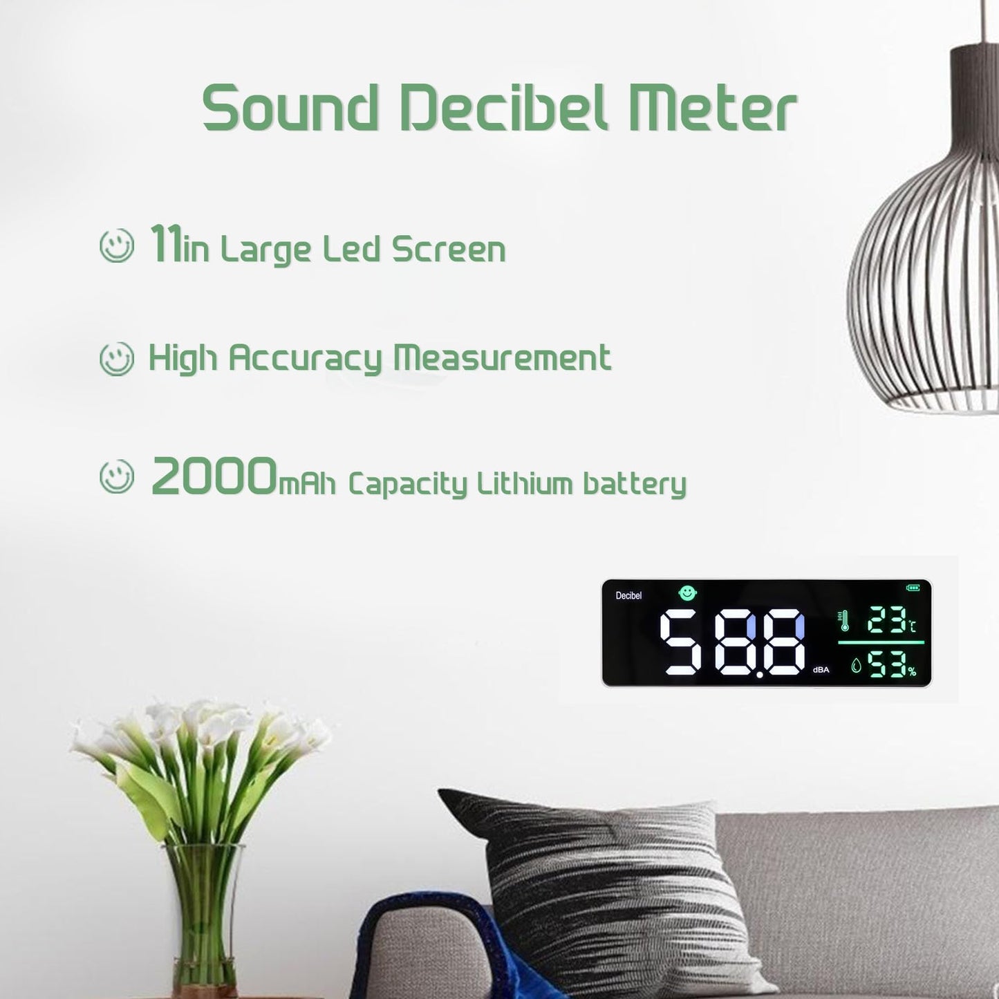 Decibel Meter, Wall Hanging Sound Level Meter, Noise Decibel Meter, 3 in 1 Noise Temperature Humidity Meter, 30 to 130dB Range, with 11in Large LED Display Screen, for Classroom