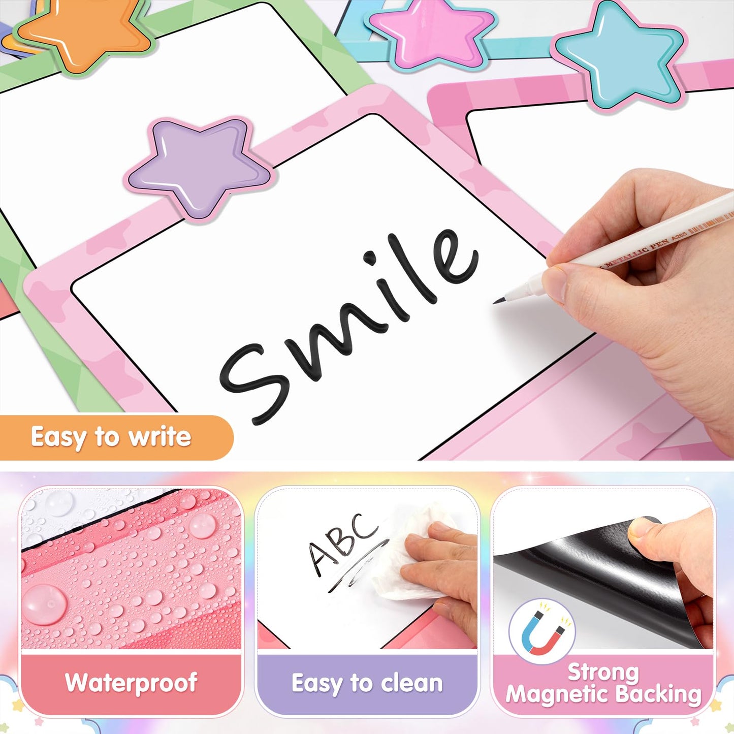 Trandraft 16 Pcs Magnetic Write Wipe Organization Chart Classroom Dry Erase Labels Learning Objectives Board for Whiteboard Goals Targets Classroom Teaching Supplies(Stars)