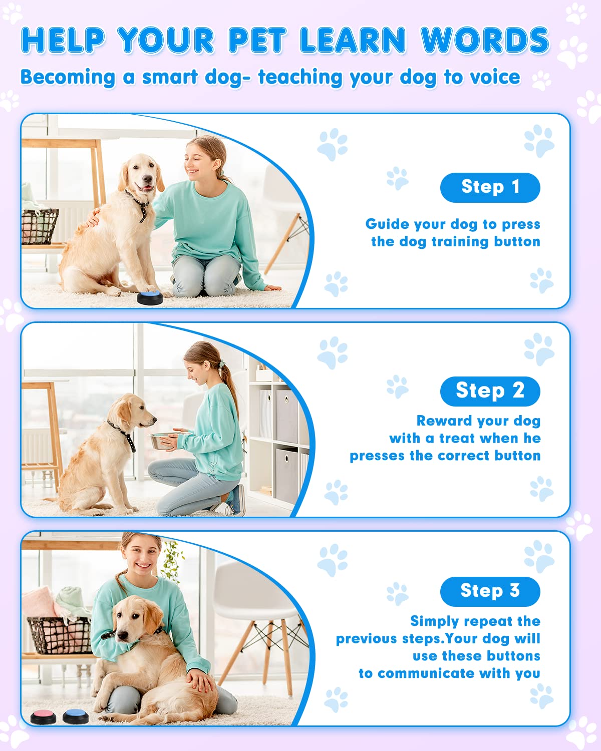 Acools Dog Buttons for Communication, 4 Dog Talking Button Set, Speaking Buttons for Cats and Dogs, 30s Voice Recordable Pet Training Buzzer with Waterproof Dog Activity Mat and 48 Scene Stickers