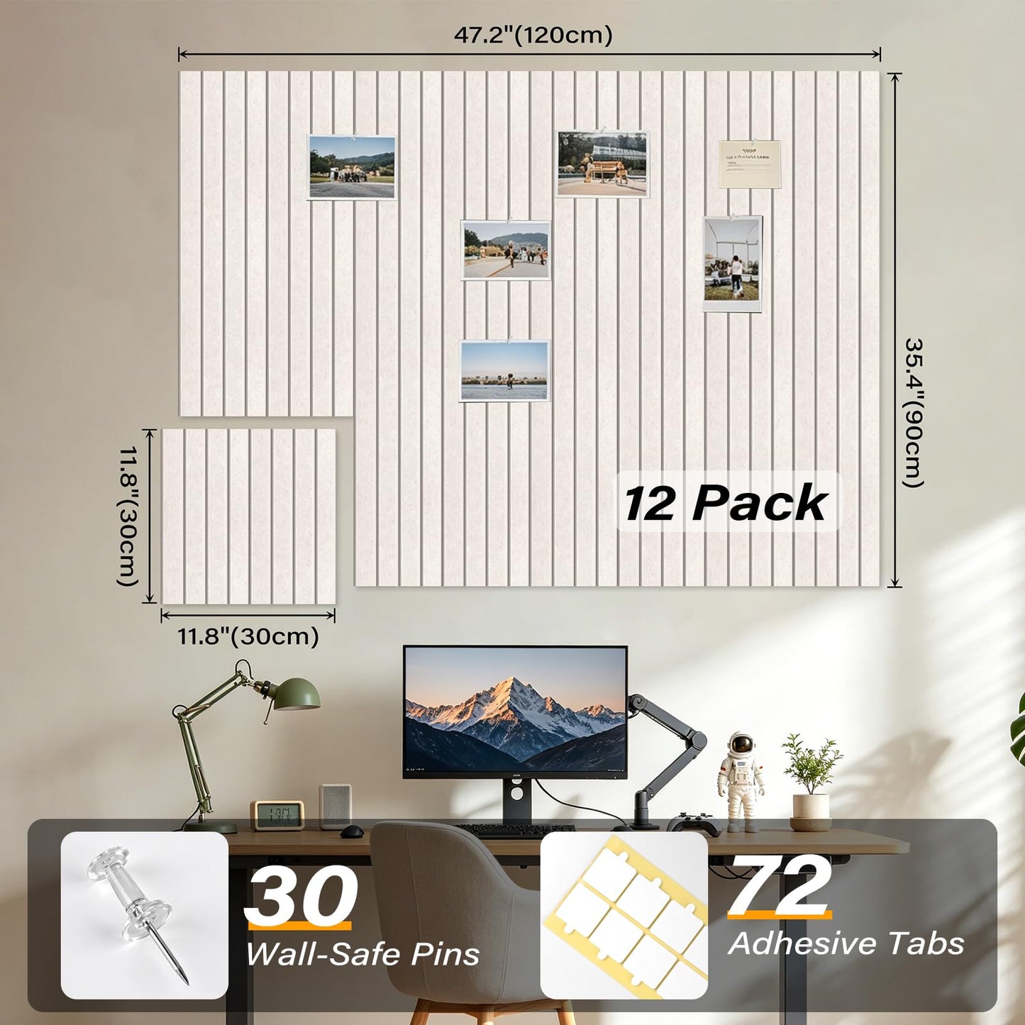 Large Felt Bulletin Board，47.2" x 35.4" 12 Pack Cork Board Alternative for Walls,Felt Wall Tiles for Office & Home Decor,Pin Board with 30 Pcs Pushpins and 72 Adhesive Tabs-Oatmeal