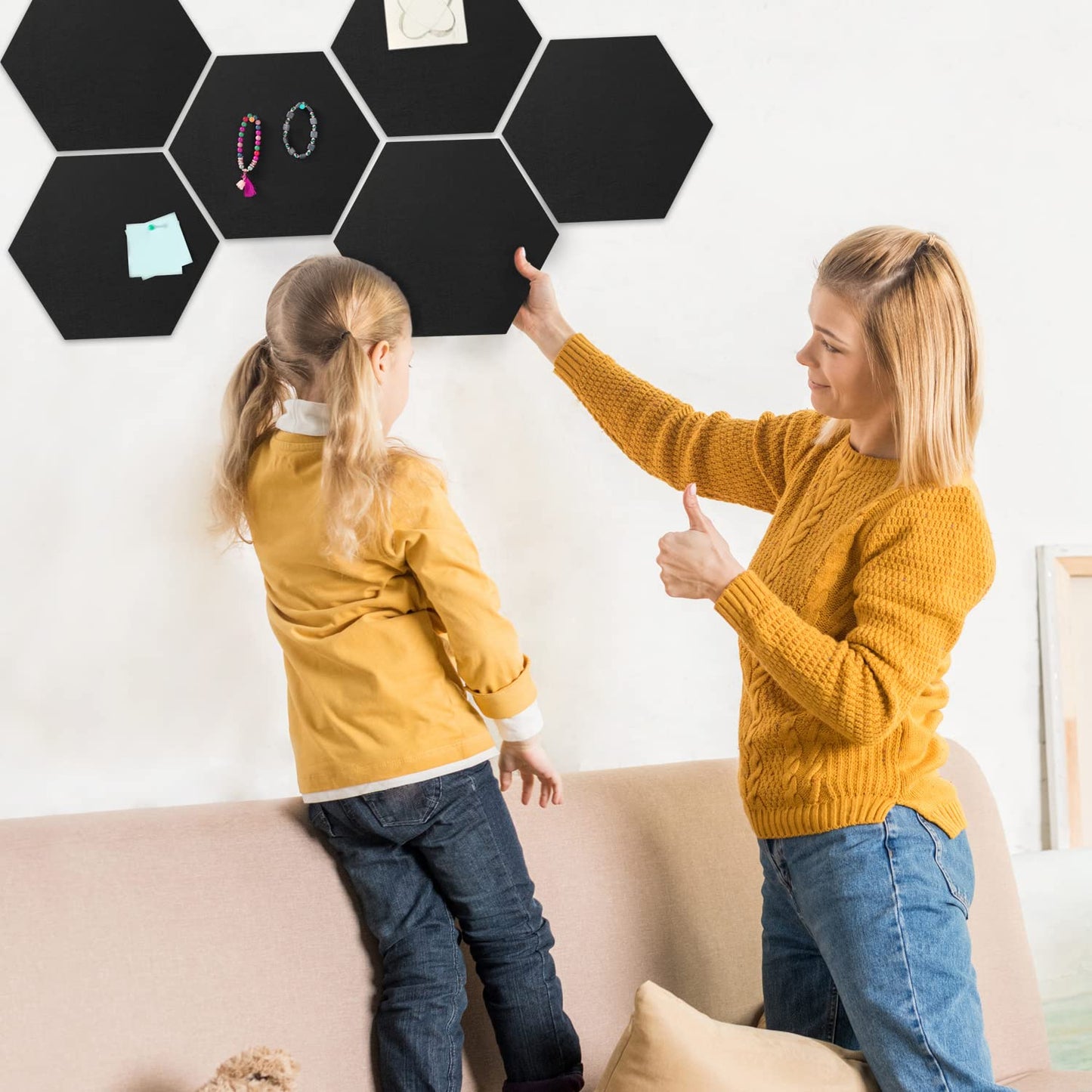 SEG Direct Hexagon Felt Cork Board Tiles, Hexagon Felt Bulletin Board Tiles Self Adhesive Picture Board, Memo Notice Tiles Pin Board for Walls Office, 11.8" x 10.2", 5PCS(Black)