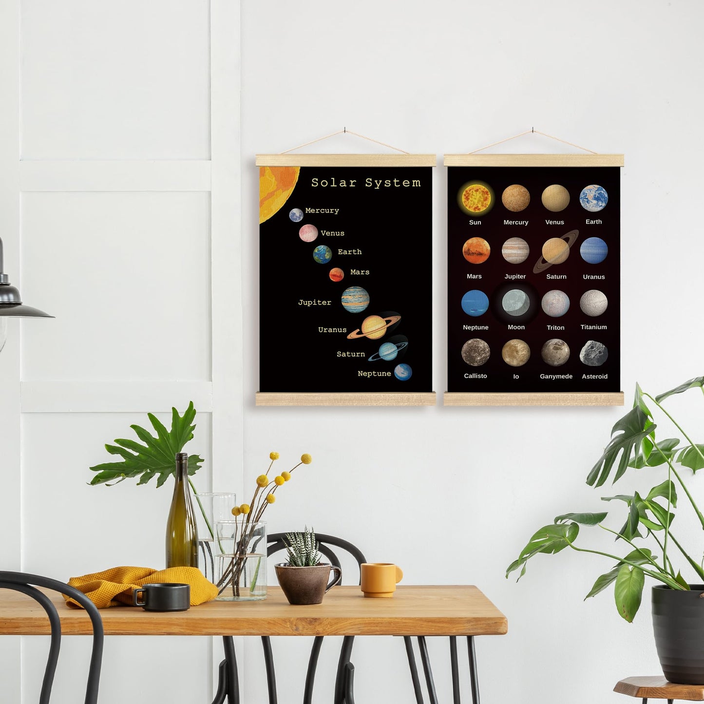 BCUANGD Space Wall Decor - Solar System Astronomy Poster Hanger with Wood Frames Set of 2, Kids Boys Educational Learning Wall Hanging Canvas Decor for Kids Room Home Playroom, 12x16 Inches