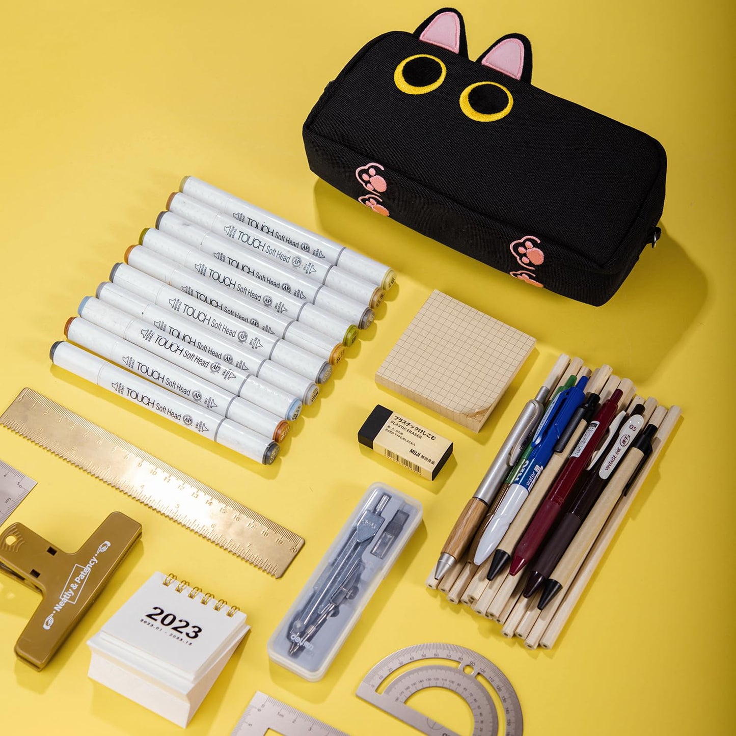 Lanxivi Hongdian Large Capacity Pencil Case Black Color, 3D Cat Pen Bags Pencil Pouch Organizer for Office College School