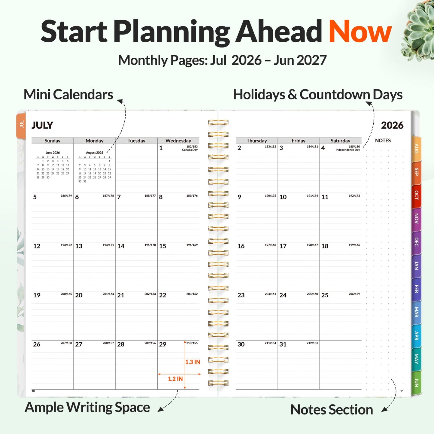 SUNEE Academic Planner 2026-2027 – Weekly & Monthly Planner, July 2026 to June 2027, 6.4"x8.3", Thick Paper, Tabs, Pockets, Bookmark, Spiral-Bound, Student Teacher Organizer, Greenery