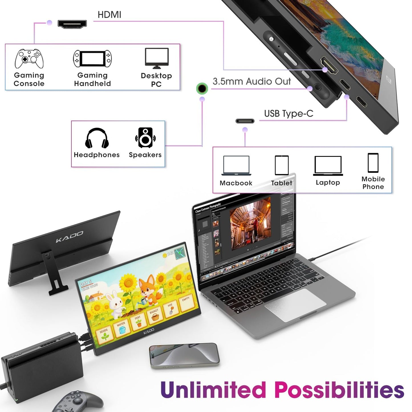Kado 15.6 Inch FHD Portable Monitor for Laptop, 1080p Second Display IPS 1920x1080, 45W Reverse Charging HDMI USB-C Laptop Screen Extender, Kickstand for PC, Mac, Dex, Tablet, Xbox, PS4/PS5, Switch