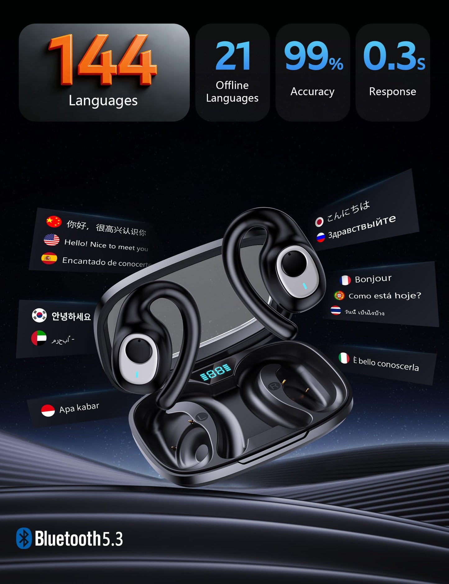 MUSICROSS Ai Translation Earbuds Real Time 144 Language Translator Earbuds Audifonos Traductores Inglés Español 4 in 1 Translator Device with 9 Working Modes for Travel Business Learning Black