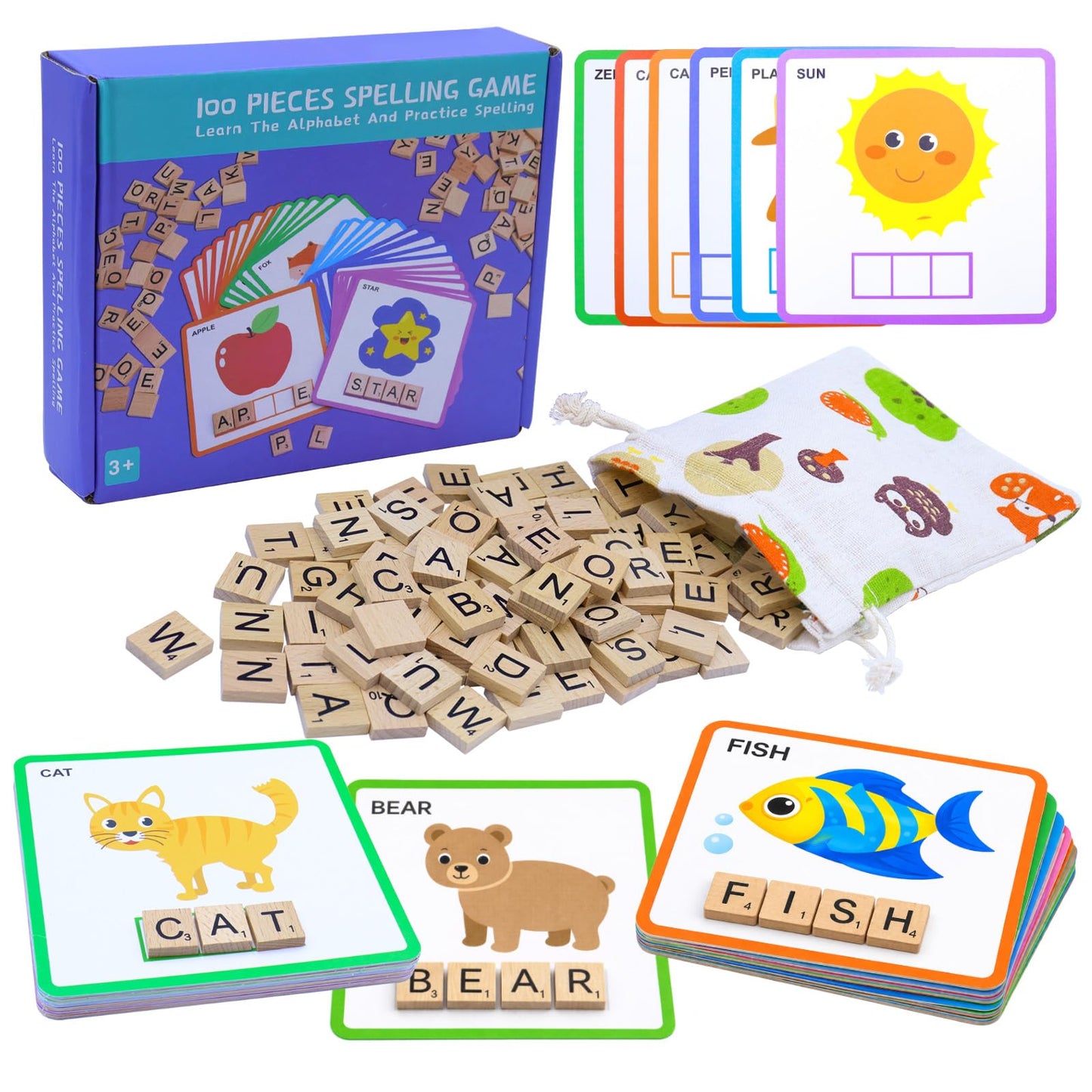 Humerry Spelling Game for Kids Ages 3-8, Word Building & Sight Word Games, Phonics Learning Toy with 100 Wooden Letter Tiles & 30 Double-Sided Flashcards, Preschool Kindergarten Early Reading Game