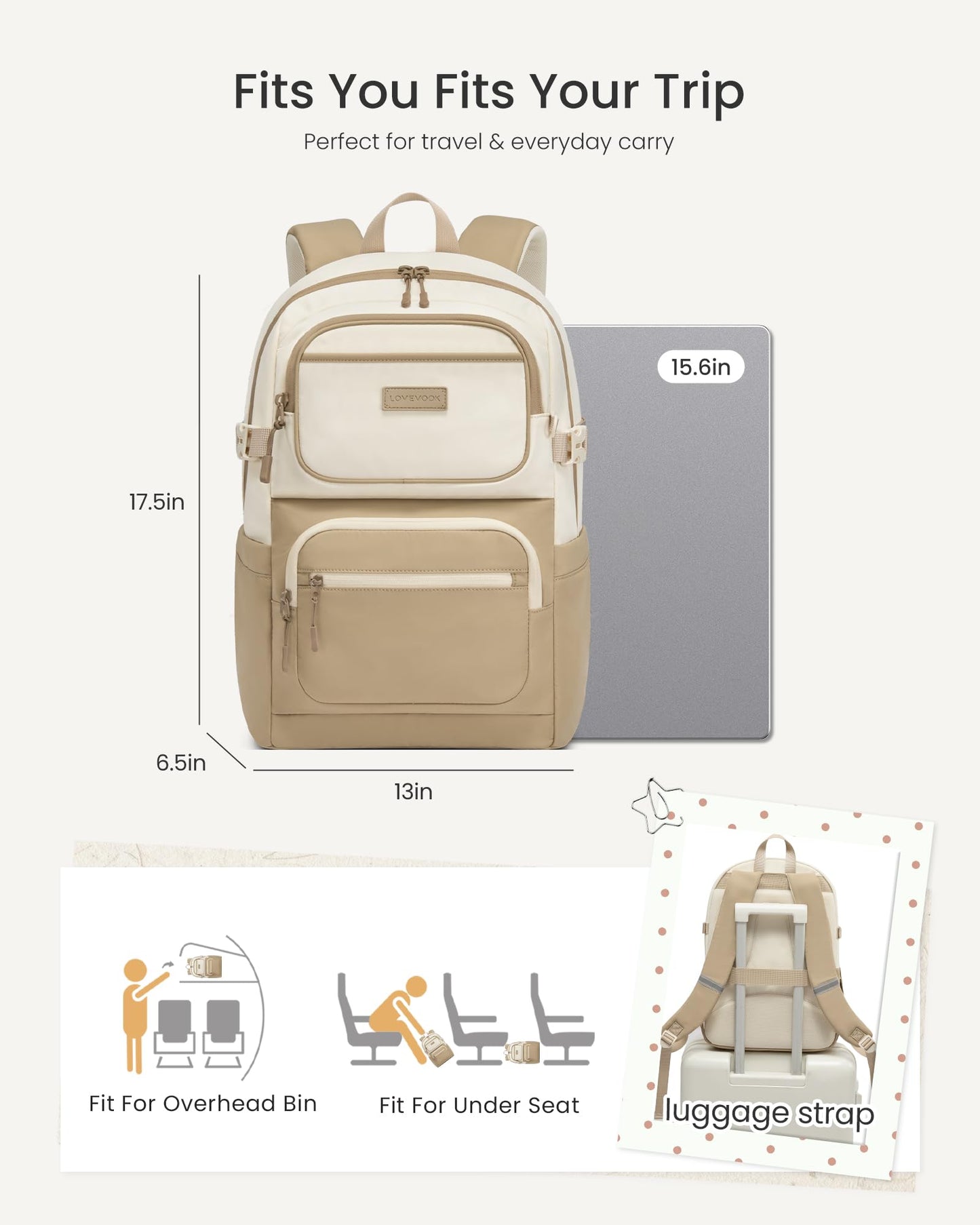 LOVEVOOK School Backpack for Teen Girls & College Students, Large Capacity Laptop Backpack with Water Bottle Holder, Lightweight Bookbag for School, Travel & Everyday Use, Beige-Khaki